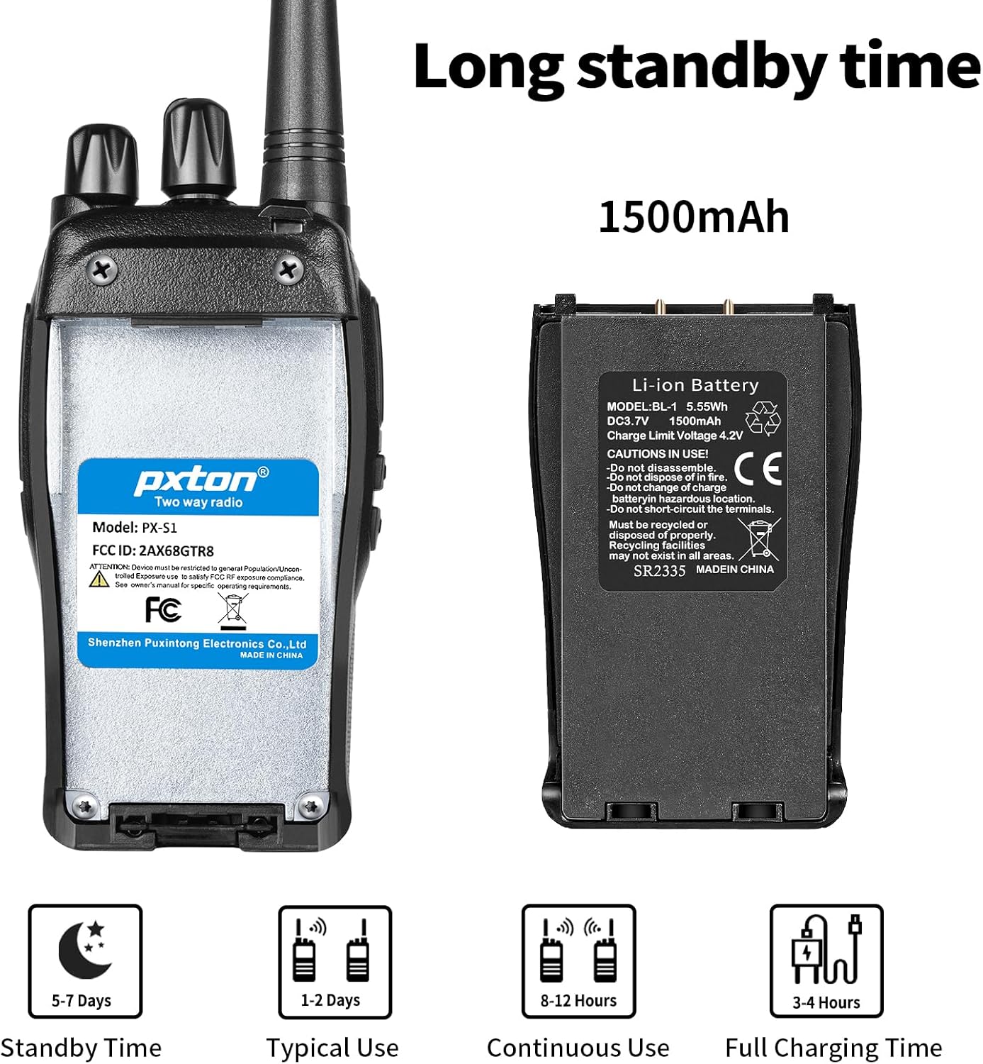 Pxton S1 Walkie Talkie with its battery removed, showing the 1500mAh Li-ion battery and its specifications, along with icons indicating standby time, typical use, continuous use, and full charging time.