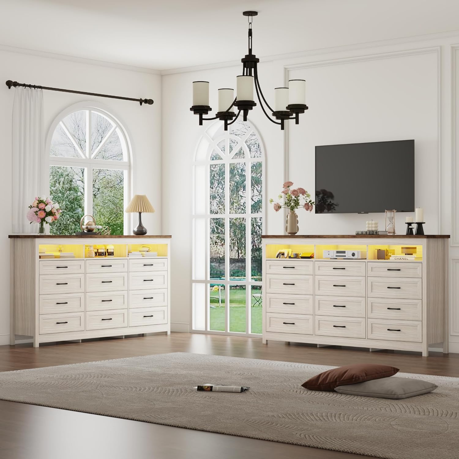 Farmhouse 12 Drawer Dresser with LED Lights, 71" Wide Large Chest of Drawers for Bedroom, Modern Wood Dresser Storage Organizer with Charging Station for Living Room, Bedroom, Hallway, Beige