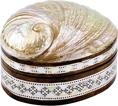 NileCart Egyptian Small Mother of Pearl Jewelry Box Mosaic Inlaid Wooden Jewelry Box handmade in Egypt White half shell