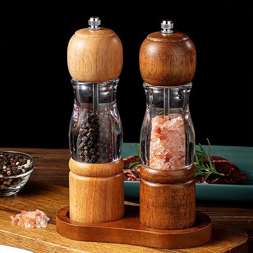 Miniatura 7 de Juego de molinillo de sal y pimienta de madera, molinillos manuales de sal y pimienta de 8 pulgadas con núcleo de cerámica ajustable, molinillo de