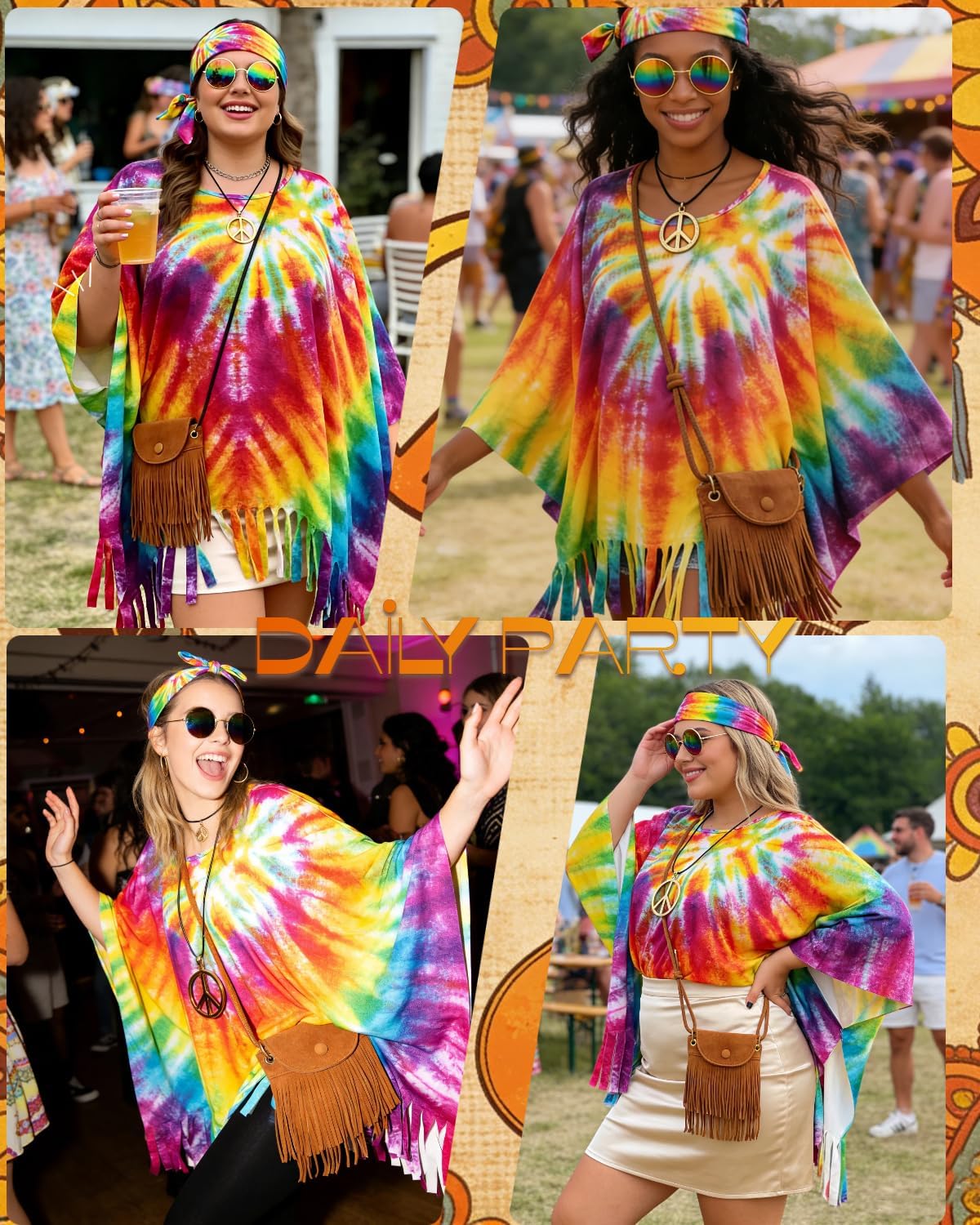Womens Hippie Costume Clothes 70s Outfits Tie Dye Poncho with Accessories Fringe Crossbody Bag Sunglasses Necklace - Image 4