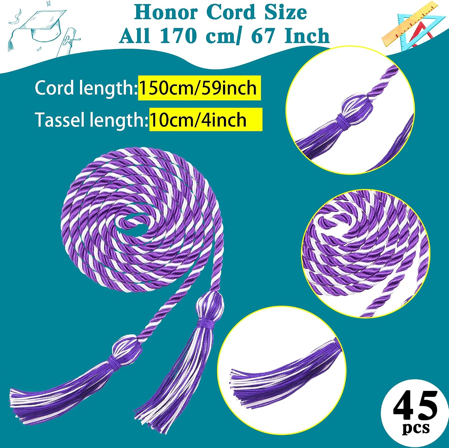 45 Pieces Graduation Honor Cord Polyester Yarn Honor Cords with Tassel Bulk for Students Bachelor Master Graduation Decor (Purple with White)