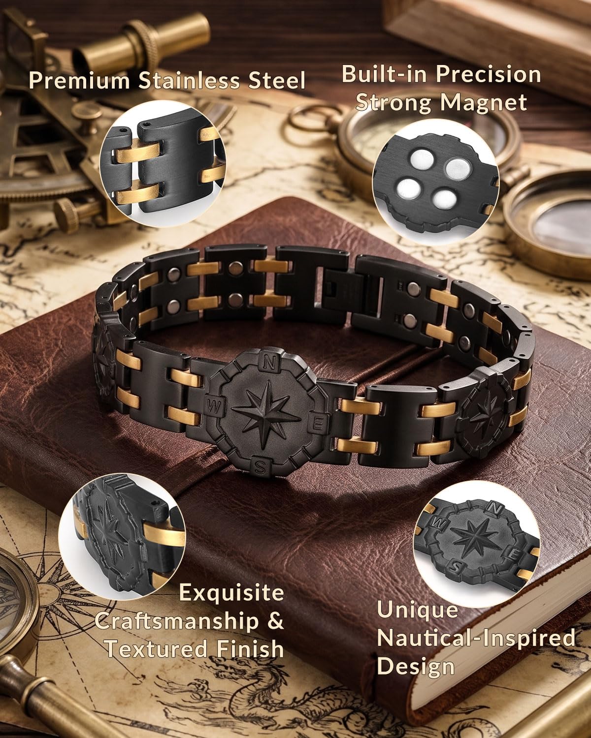 RainSo Pulsera magnética para hombre, pulsera de acero inoxidable de doble fila de 3800 Gauss, diseño náutico único, clásico, plateado, dorado, versátil, tamaño ajustable, adecuado para negocios y
