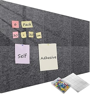 6 Stück Pinnwand Filz, 12 mm dick Pinwand Korkwand selbstklebend mit 60 Pins, Wand Filzboard Korkplatten Memoboard Bulletin Board deko für Zuhause Küche Büro Schule, 30 x 30 cm Dunkel Grau