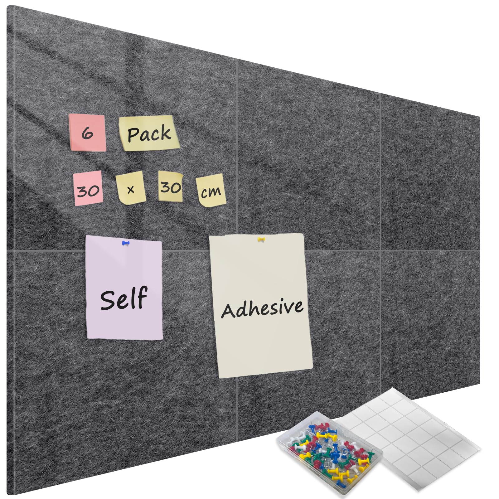 6 Pack Felt Pin Board, 12mm Thick Adhesive Notice Board for Wall | with Tabs & 60 Push Pins | Dark Grey 30x30 cm-Square Felt Wall Tiles | Display Photo Memo for Office School Home Bedroom