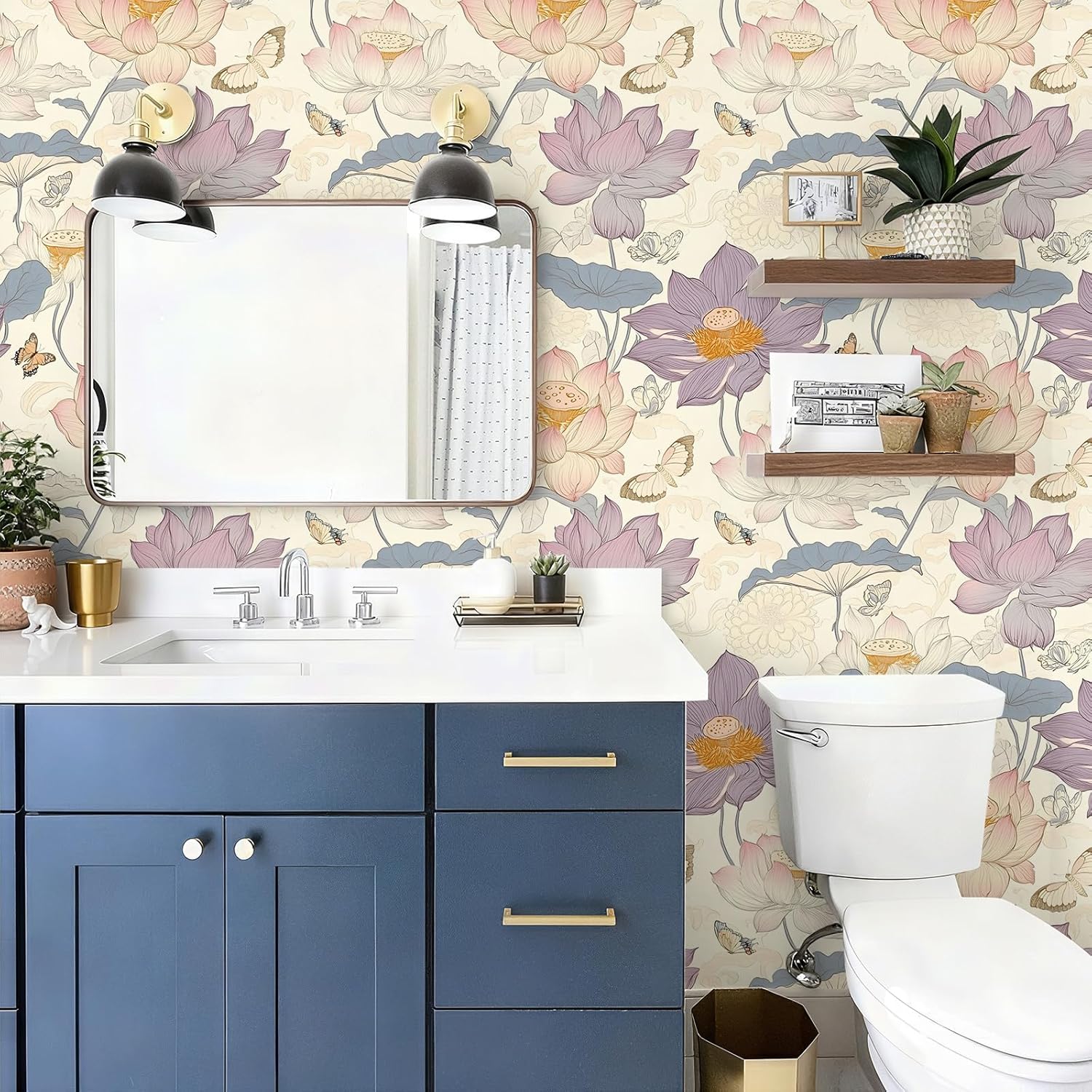 Peel and Stick Pink Moody Modern Wallpaper Removable Lotus Leaf Butterfly Floral 17.7" x 118.11" Wall Paper Watercolor Self Adhesive Contact Paper for Classroom Bedroom Laundry Room Bathroom