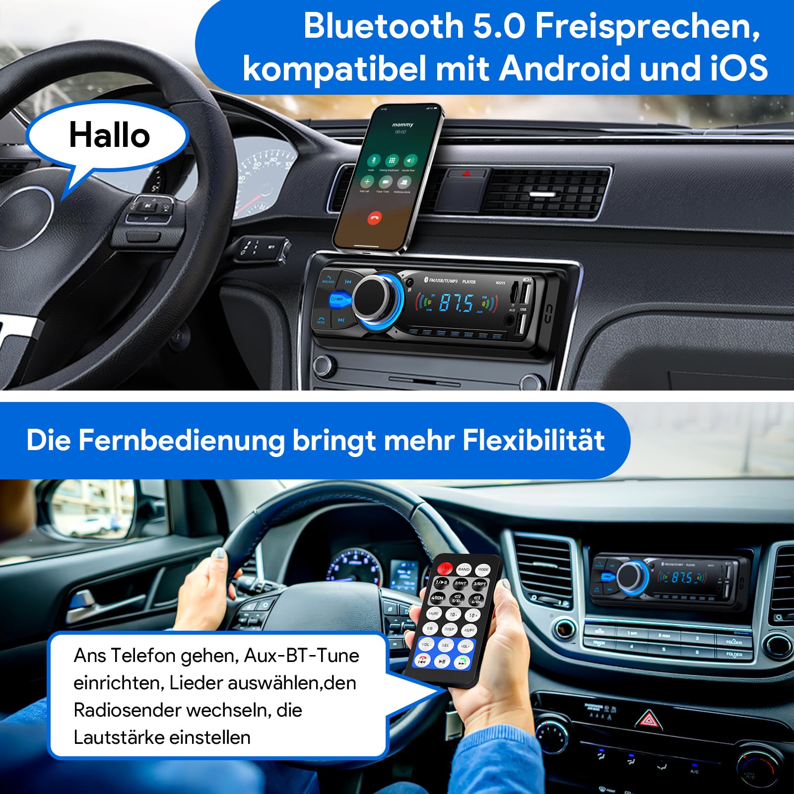 Autoradio Bluetooth,CENXINY Auto Radio Bluetooth 1Din Autoradio FM 2USB/AUX/SD Karte/MP3-Player Fernbedienung, Unterstützung für iOS/Android