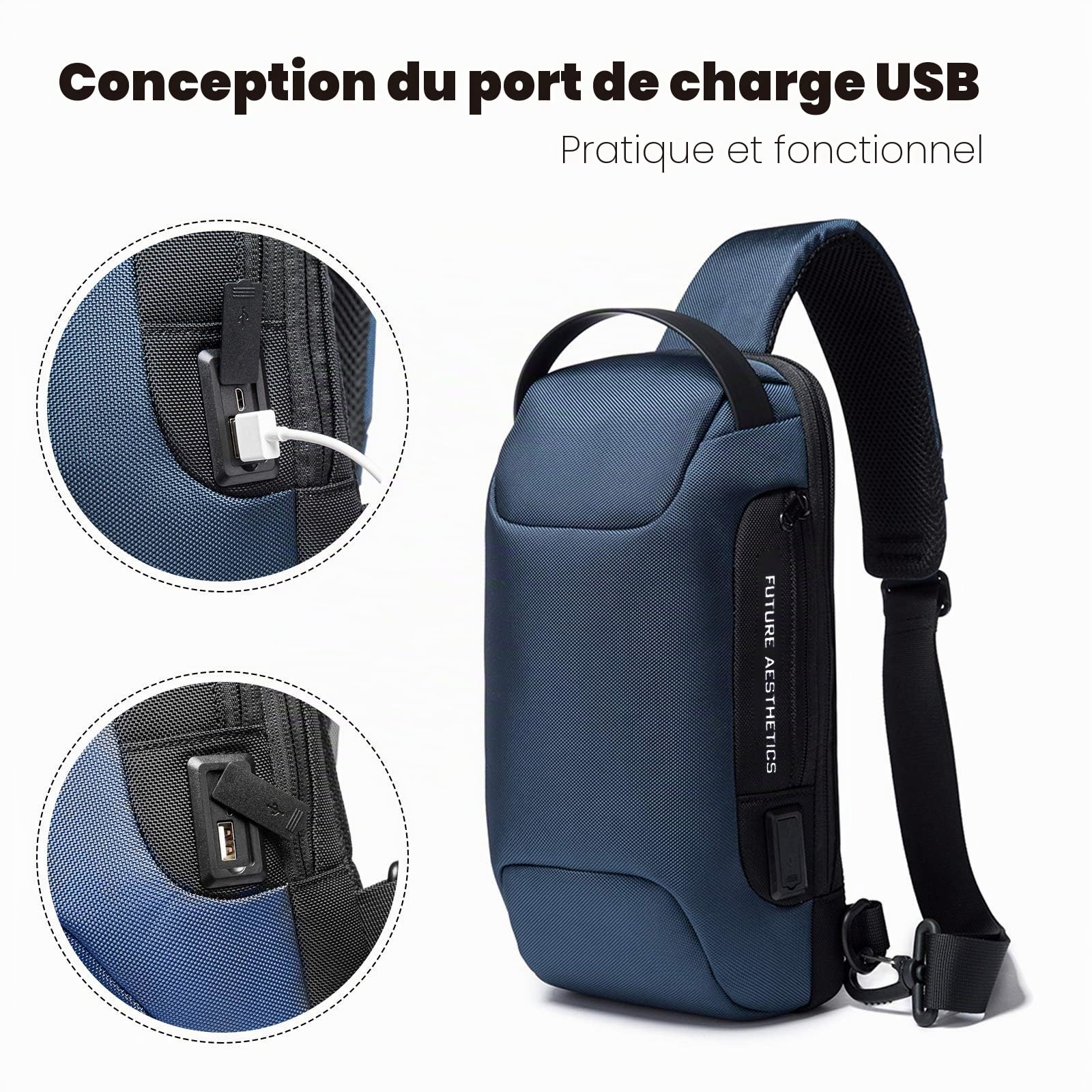 FANDARE Sac Bandoulière Anti-Vol pour Homme et Femme, Sac de Poitrine avec Port USB, Sac Crossbody Étanche, Sac à Dos Bandoulière pour Randonnée Vélo Course Voyage