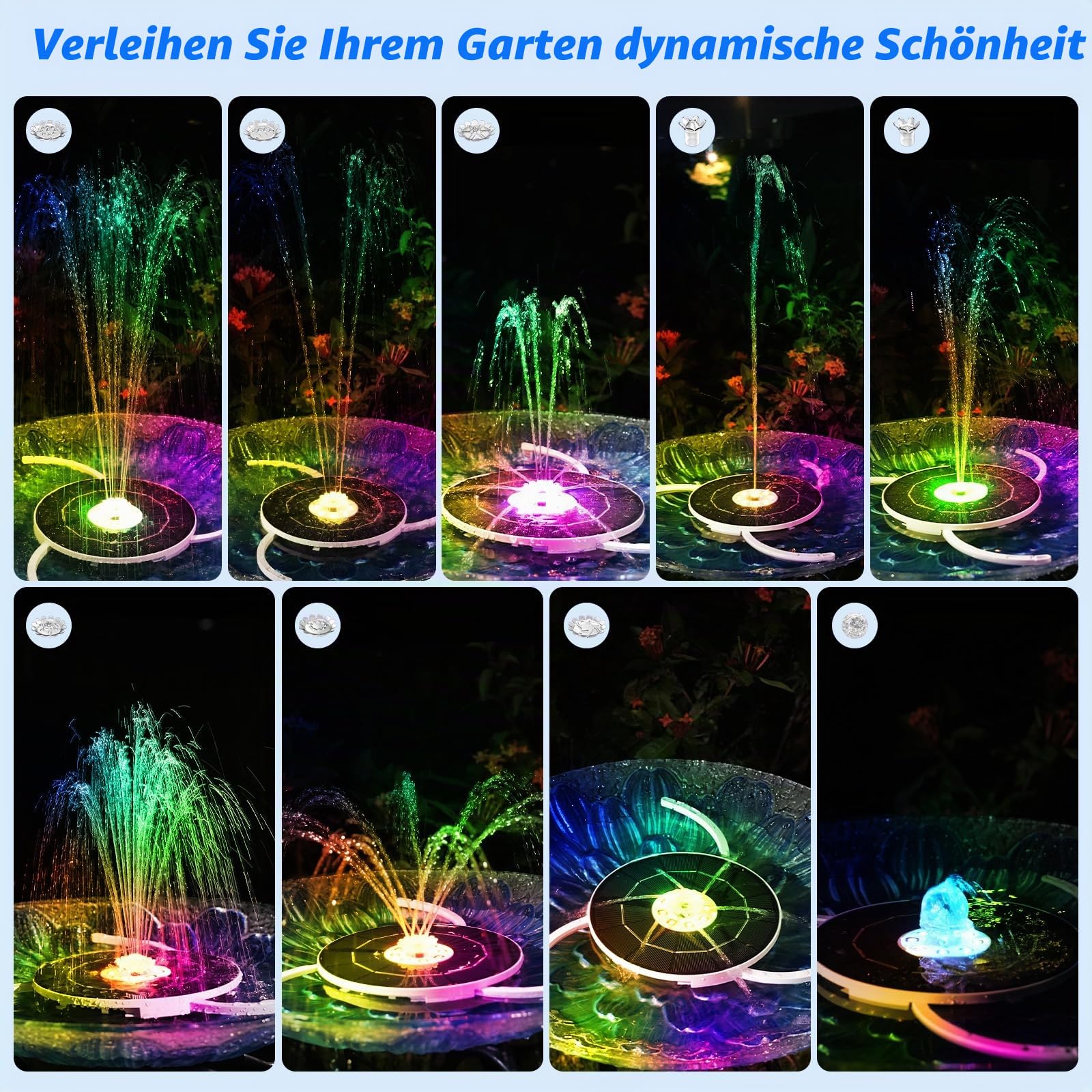 AISITIN 3,5W LED Solar Springbrunnen für Außen nur Nachts mit 3000mAh Akku