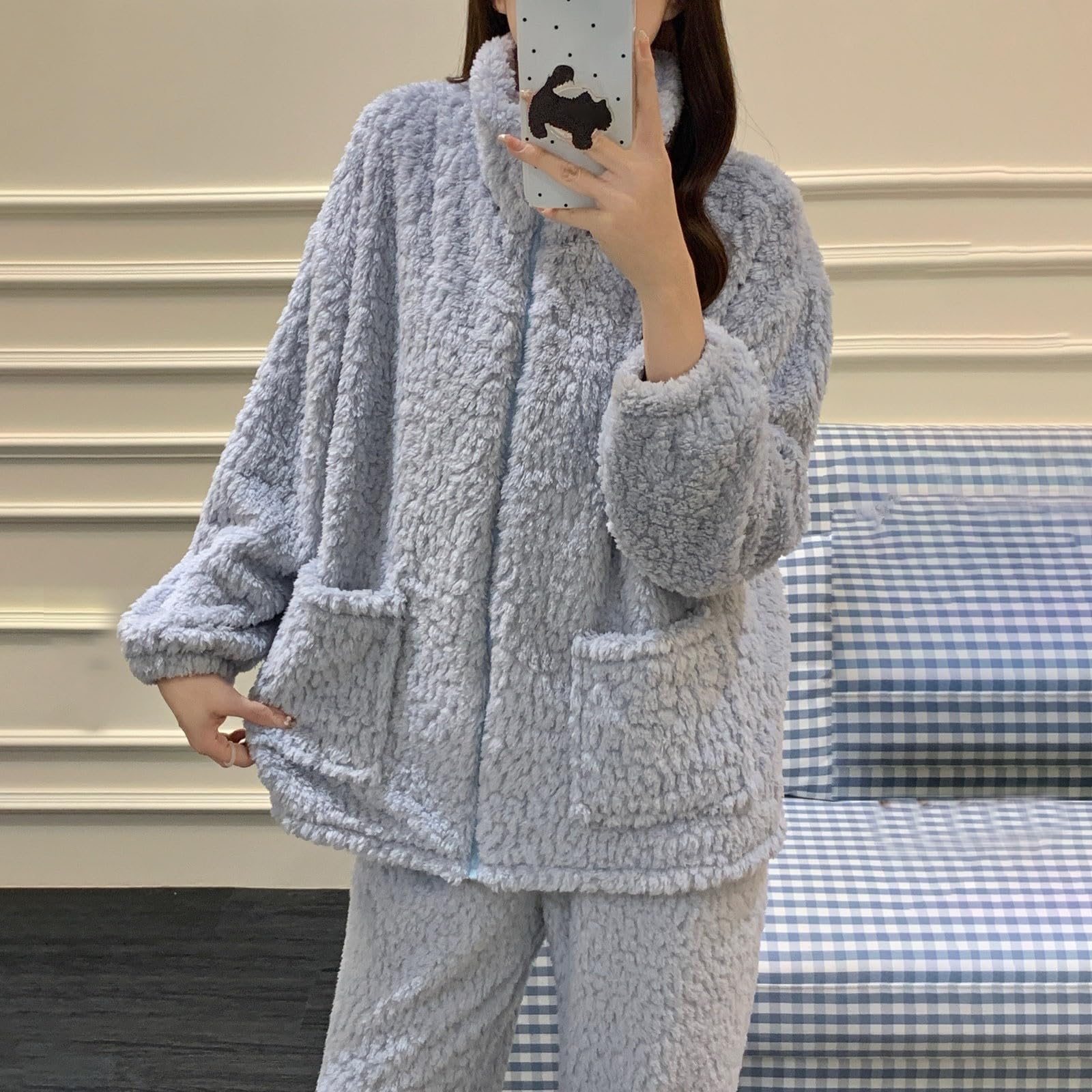 Generisch Pijama largo de franela para mujer, cuello redondo, forro polar, invierno, térmico, manga larga, de rizo, pijama de dos piezas, ropa de dormir cómoda
