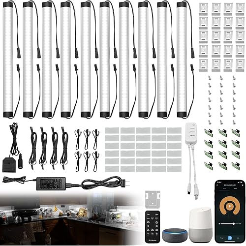 Under Cabinet Lights Kit, LED Smart Dimmable Strip Lighting Fixtures, 24V Plug in Linkable Bar LED Counter Lights for Pantry, Kitchen, Shelf, Bookcases, Showcase (10 PCS, Cold White)