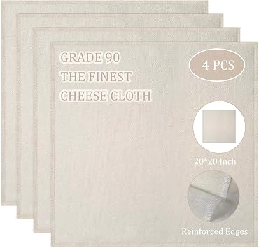 Cheesecloth, Precut 20x20Inch, Grade 90 Hemmed Cheese Cloths for Cooking Reusable and Washable, 100% Unbleached Pure Cotton Muslin Cloths for Straining Butter, Cheese, Nut Milk 4 Pieces