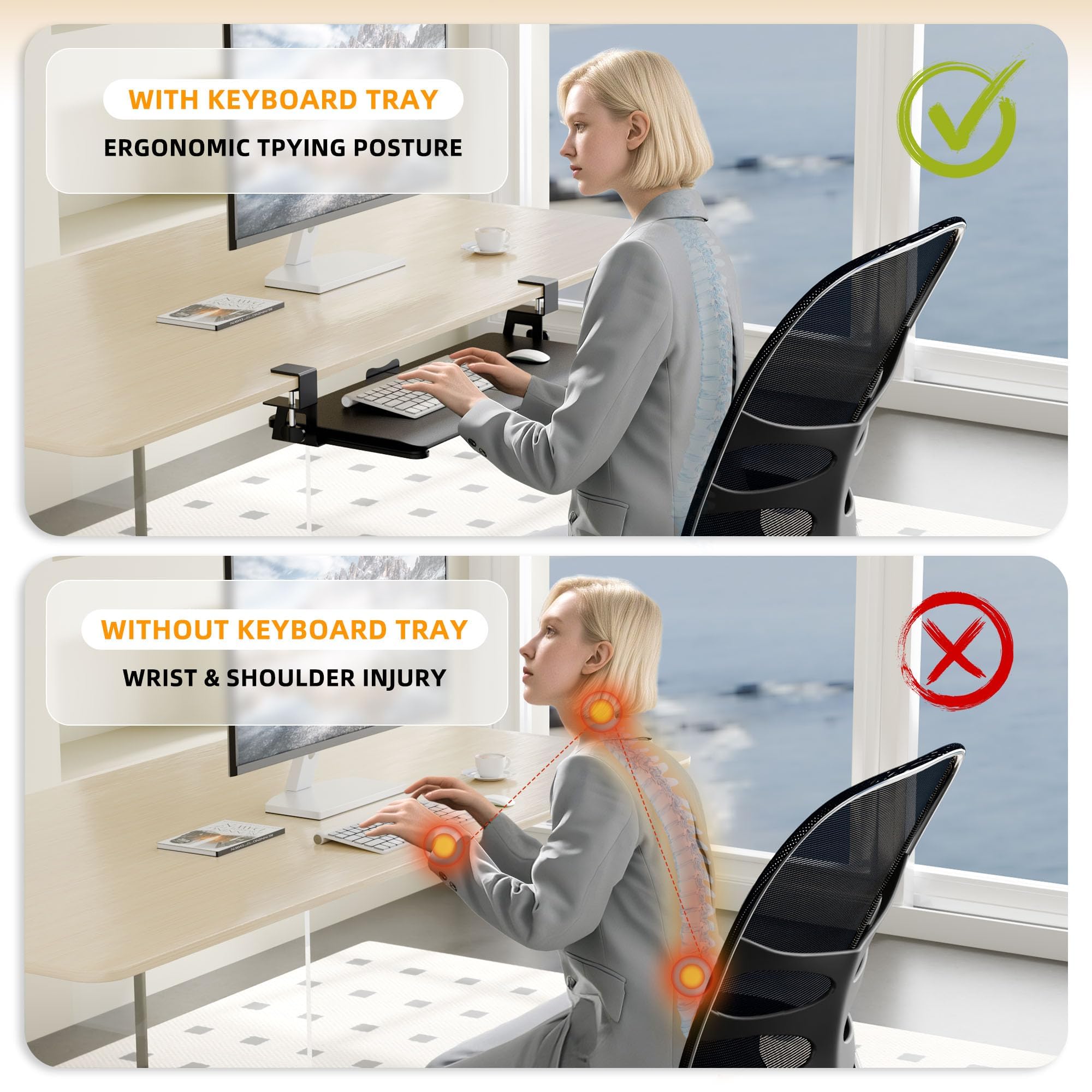 ERGOMAKER Support Clavier Coulissant 65x30cm,Totale 76 cm avec Pinces | Plateau Coulissant sous Bureau pour Clavier et Souris,Fixation par Pince en C,sans Perçage,Blanc,Ergonomique,Gain de Place
