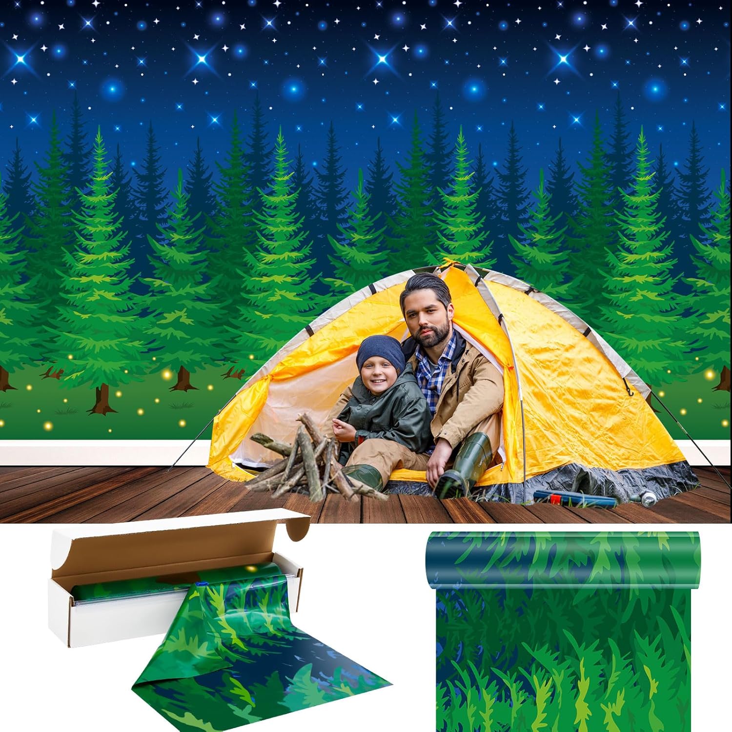 Mepase 100 x 4.5 ft Forest Scene Camping Backdrop Camping Photo Backdrop Photography Background Party Decorations Adventure Tablecloth for Outdoor Adventure Birthday Party