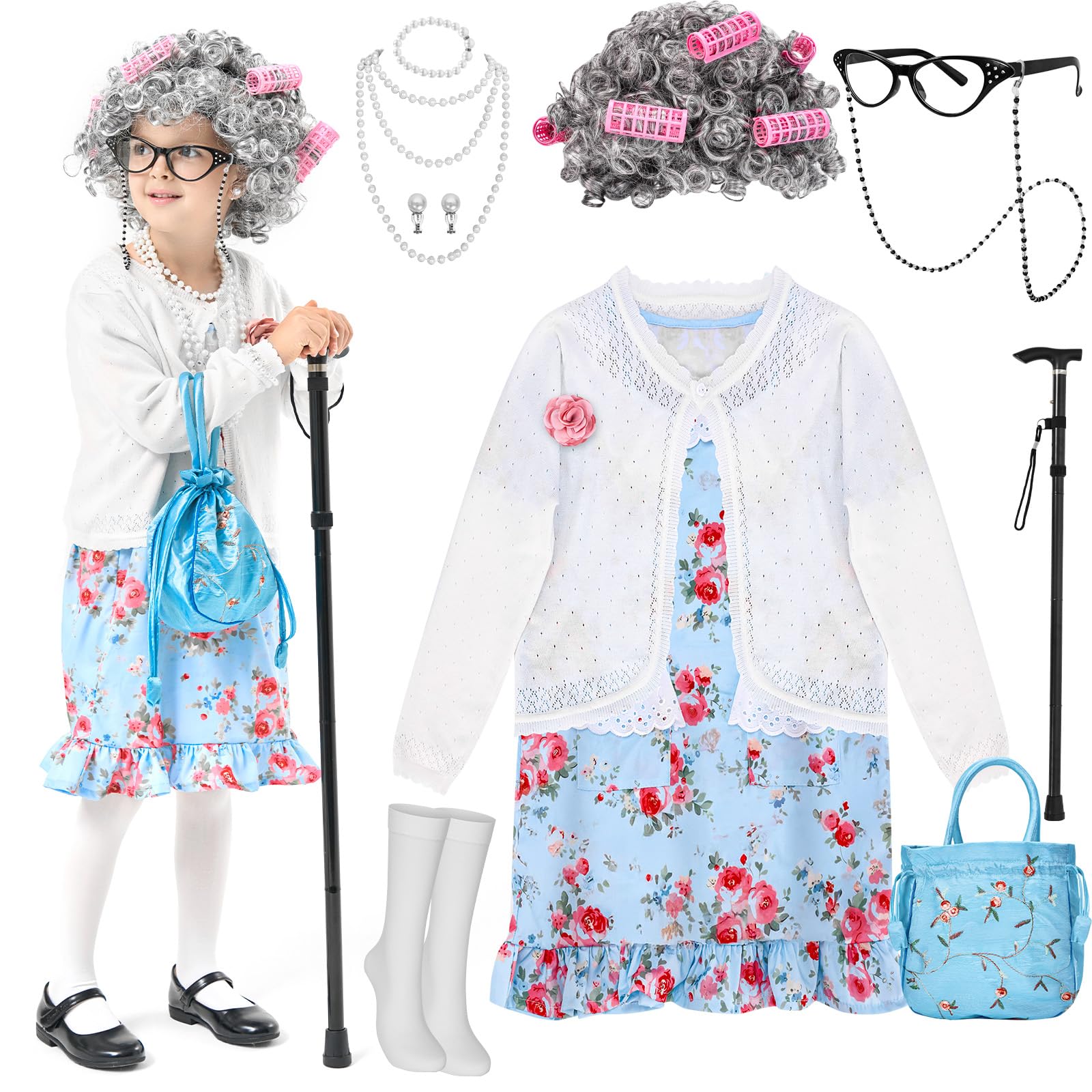 MGparty 100th Day of School Costume for Girls, Old Lady Costume for Kids, Grandma Cosplay Dress Up