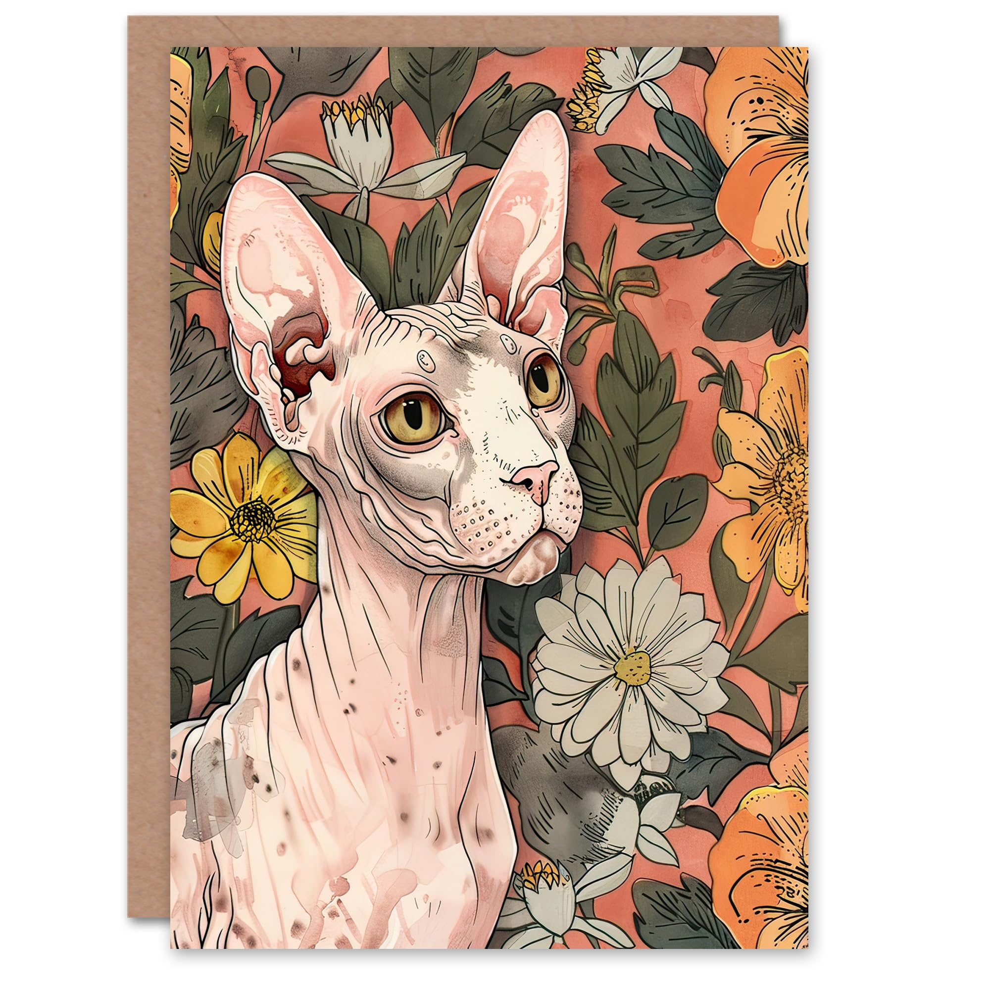 Artery8 Greeting Card Sphynx Cat Lover in Flower Garden Pet Portrait Blank For Him Or Her Art Birthday Card