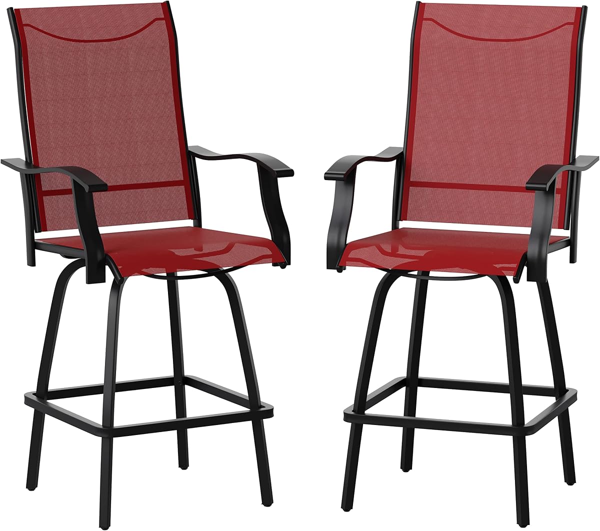 Flash Furniture Taburete de bar giratorio para interiores y exteriores, rojo, paquete de 2 | Para todo tipo de clima, altura de la barra, respaldo alto, textileno, reposabrazos