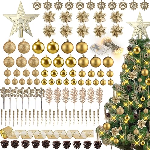 Juego de 145 adornos dorados para árbol de Navidad con cuerda de luz, varios adornos de bolas de Navidad inastillables, adornos de bolas de Navidad