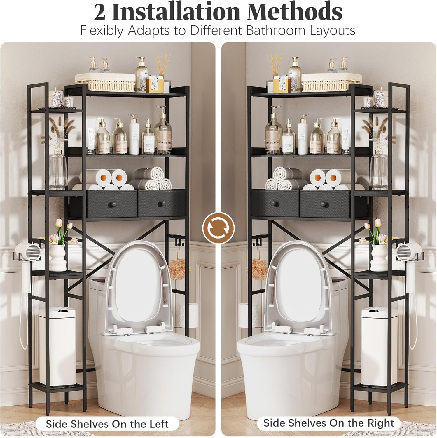 Over The Toilet Storage Shelf with Drawer, 7-Tier Above Toilet Bathroom Organizer with Adjustable Side Shelves, Space Saver Freestanding Rack with Holder & Hook for Laundry Kitchen (Black)