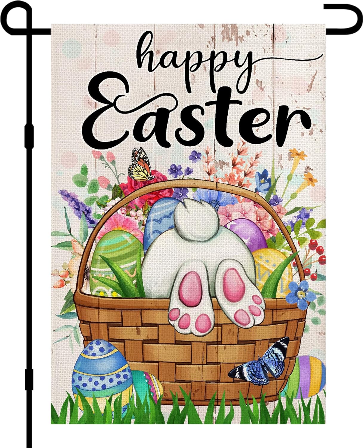 Happy Easter Garden Flag 12x18 Inch Double Sided Burlap Outside, Spring Butterfly Bunny Flowers Eggs Small Sign Flags Yard Outdoor Decoration DF682