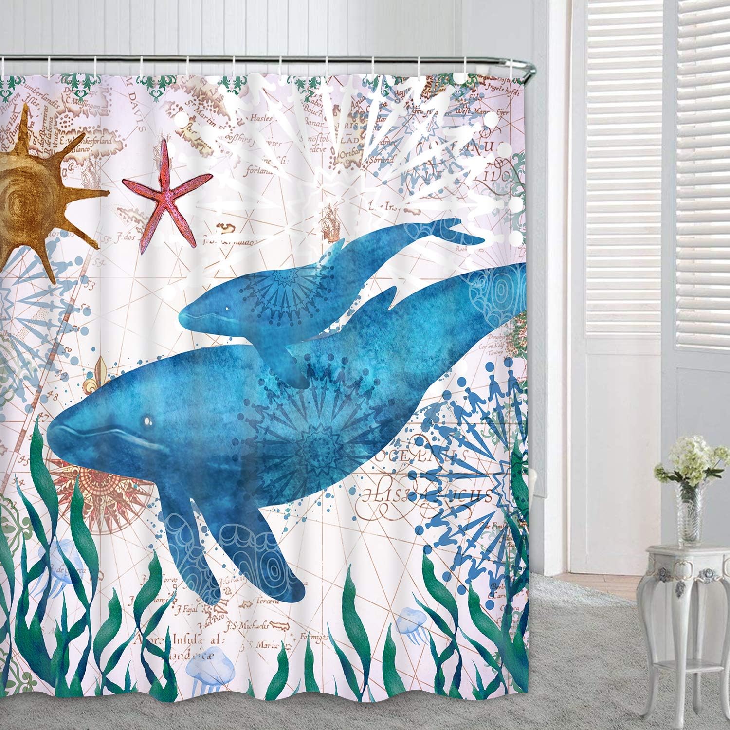 Whale Shower Curtain Ocean with 12 Hooks Nautical Shower Curtain Sea Creatures Shower Curtain Durable Waterproof Bathroom Curtain