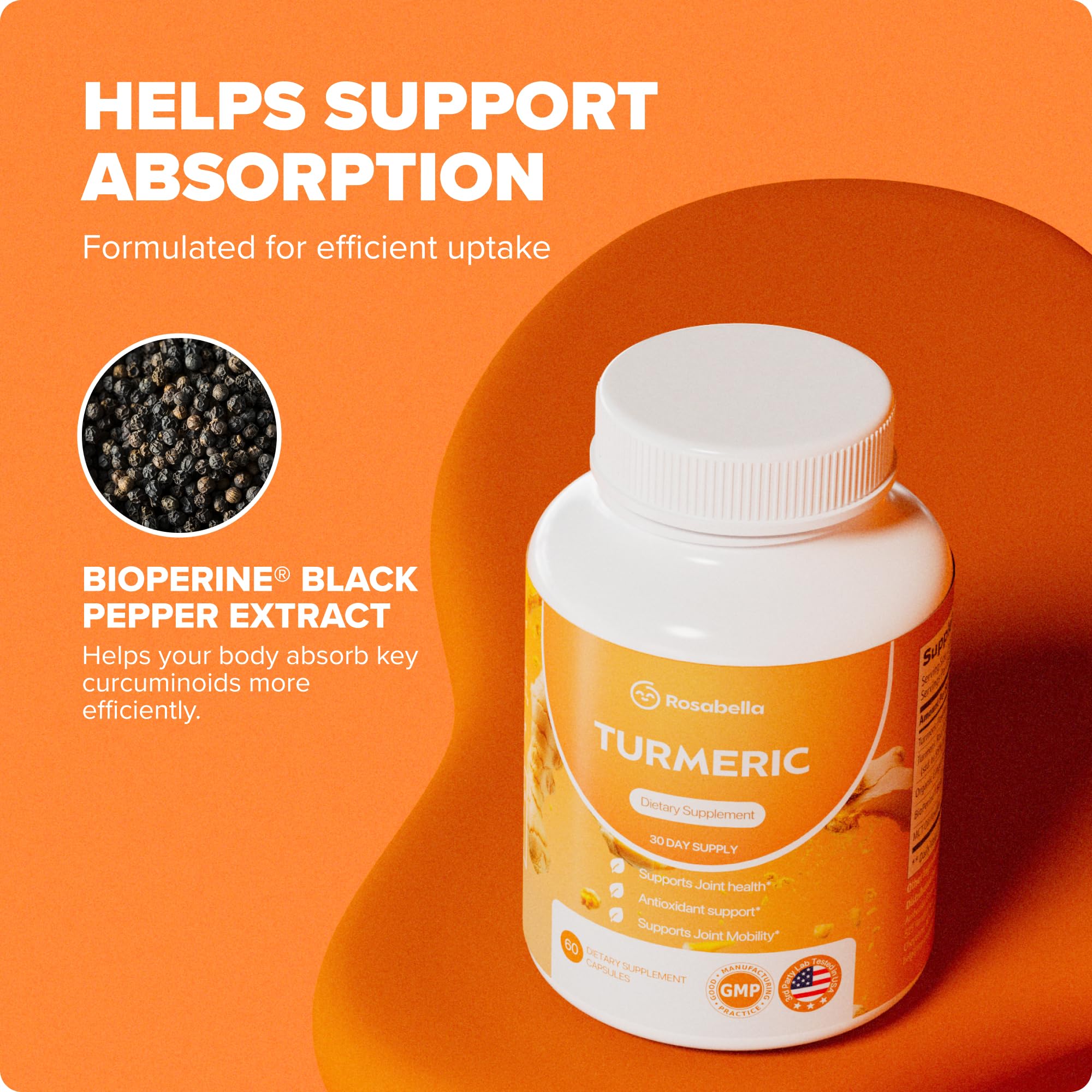 Rosabella Turmeric Curcumin Supplement – Organic Turmeric Supplement with BioPerine & Ginger, Turmeric Capsules for Joint Comfort, Mobility & Antioxidant Wellness – 60 Count (Pack of 1) — Amazon image 6