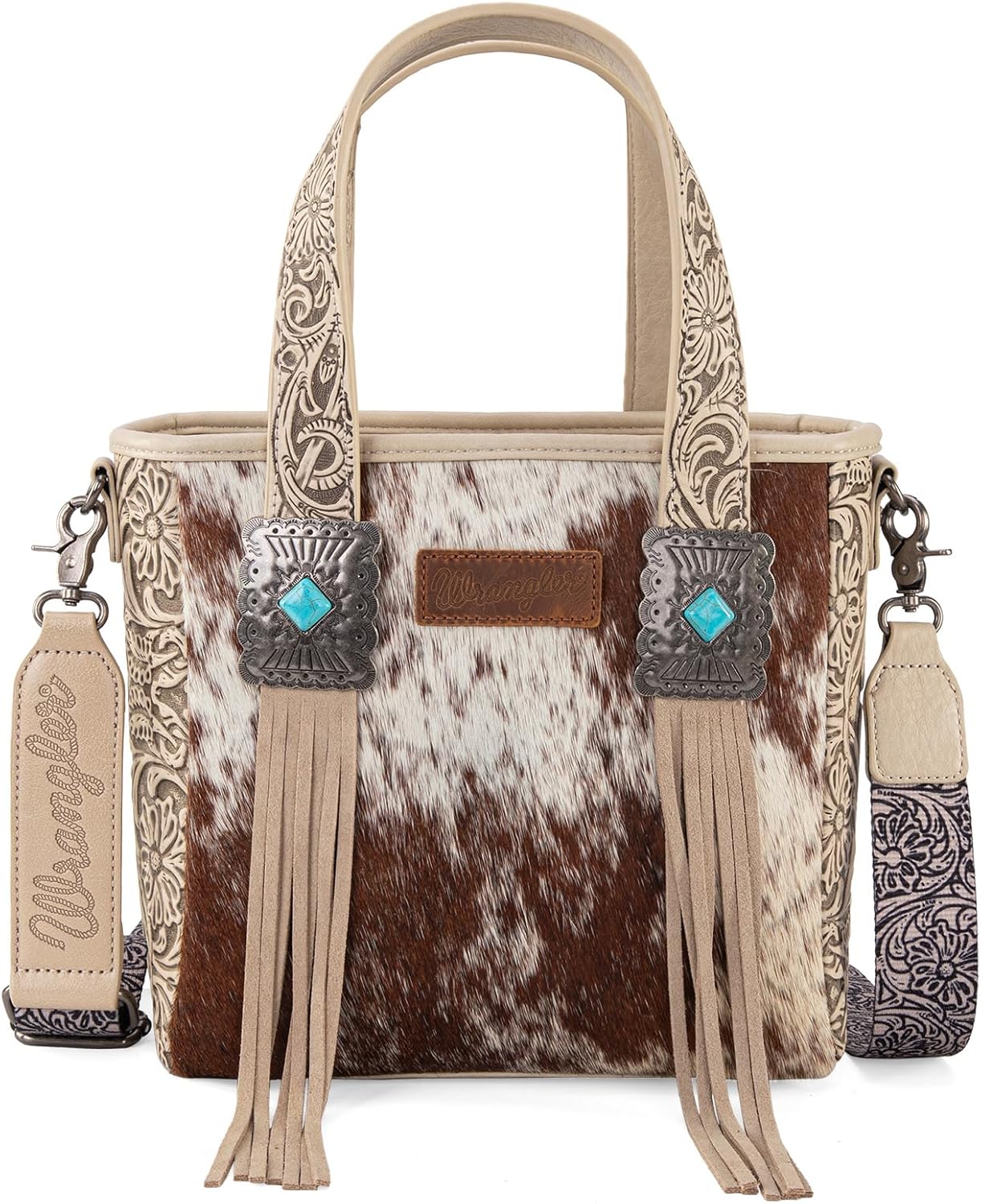 Montana West Wrangler Cowhide Tote Bag for Women Western Tooling Handbag Leather Fringing with Turquoise Stone Concho