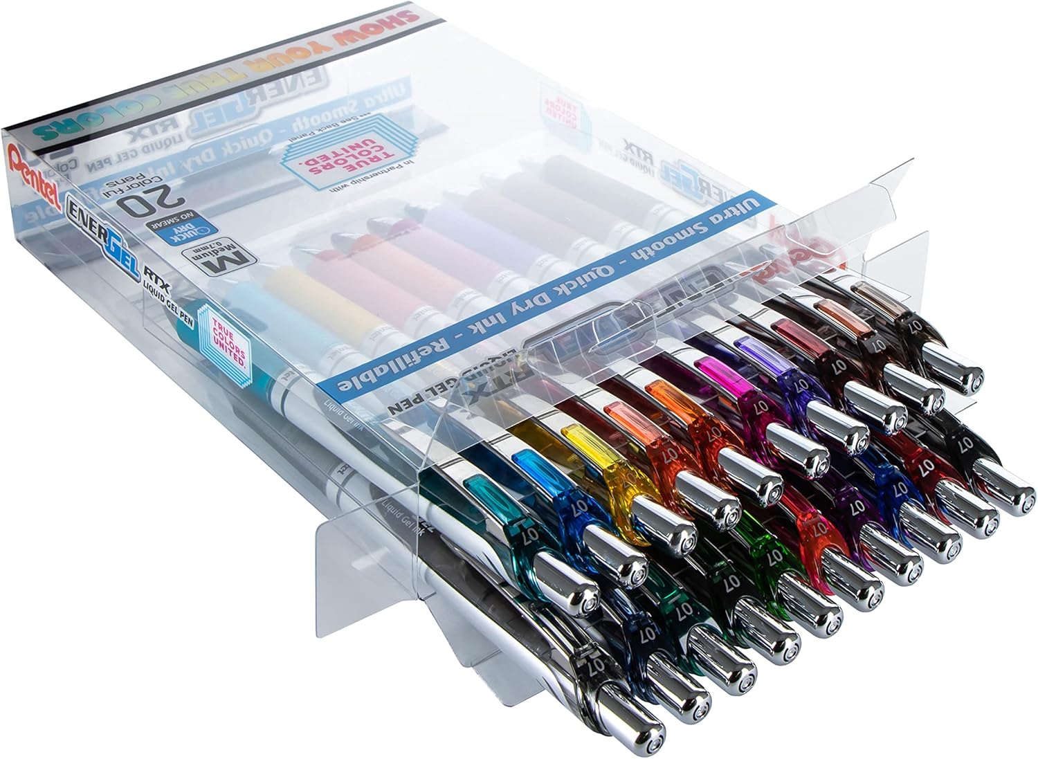 Pentel EnerGel RTX True Colors United 0.7mm Medium Line, 20 Assorted ink Colors, Pack of 20 pens BL77PC20MTCU