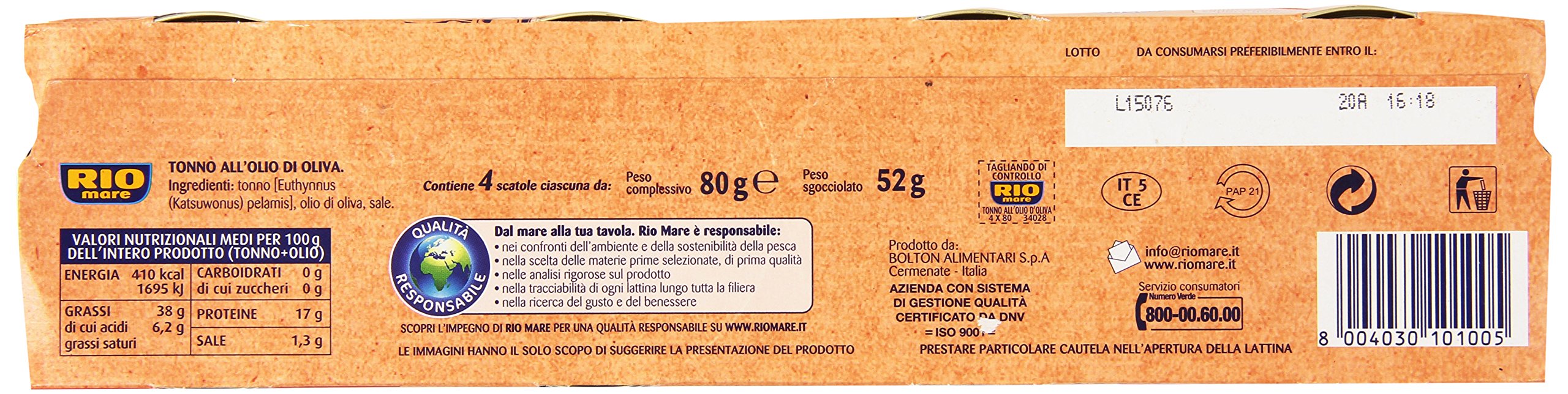 Rio Mare Tonno all'Olio di Oliva, 4 Scatole da 80 G - 320 gr