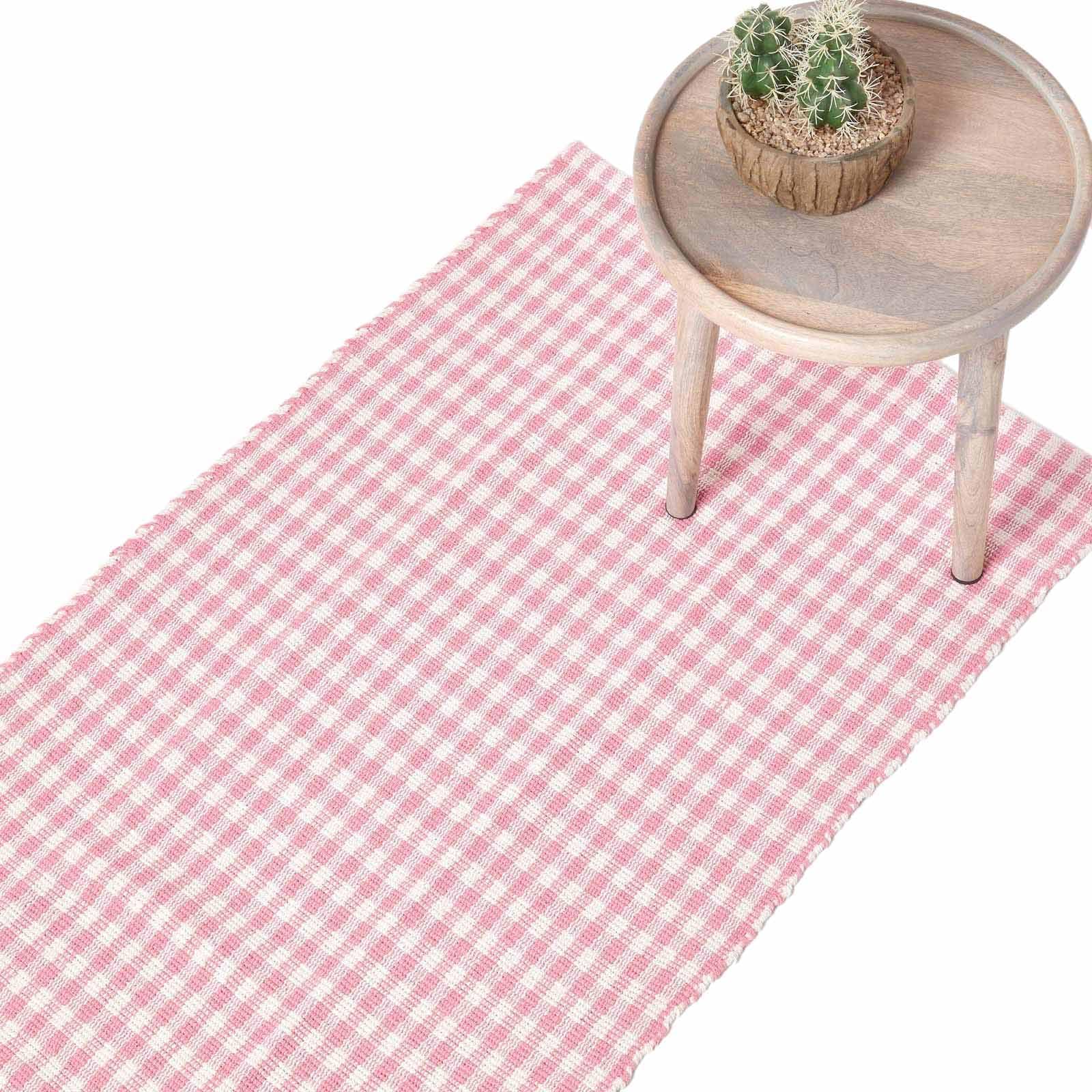 HOMESCAPES 100% Cotton Gingham Runner Handwoven Pink White 66 x 200 cm Check Hall Runner for Living Room Bedroom and Hallway — image 1