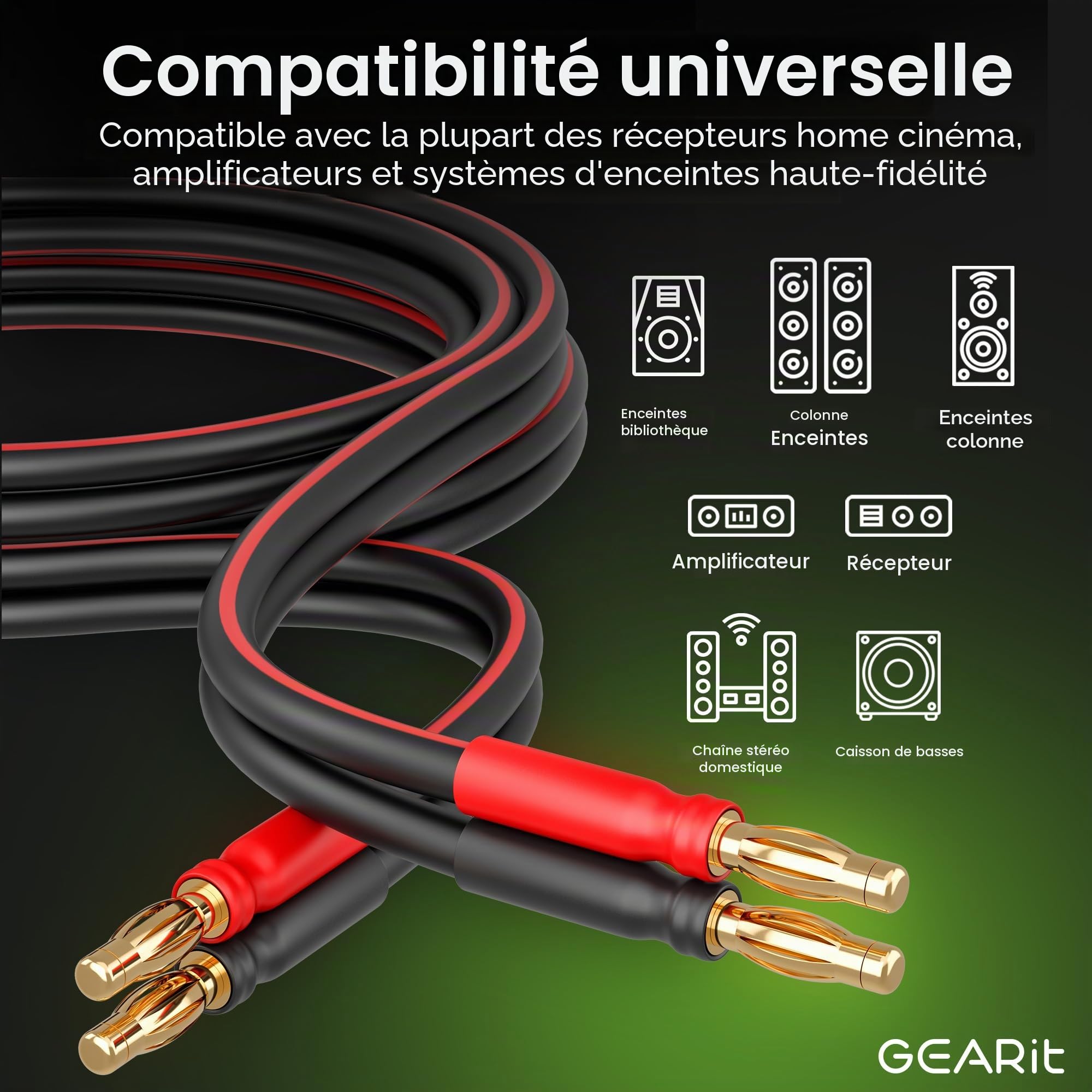 GearIT Câble de haut-parleur 14 AWG avec connecteurs banane (lot de 2, 1 mètre), calibre 14 Ga pour son surround HiFi bi-Wire Bi-Amp HiFi - 99,9% cuivre OFC, embouts plaqués or,