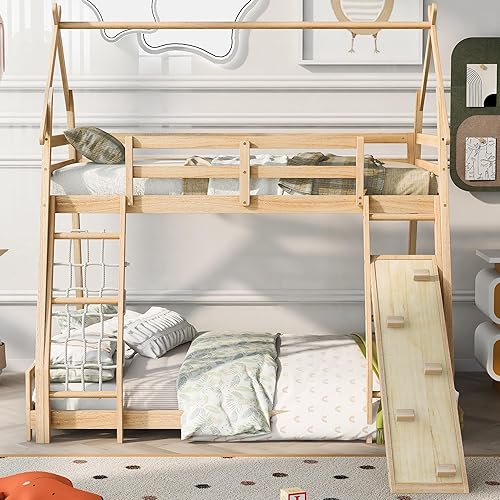 Miniatura 48 de Favfurish Cama de plataforma de casa de tamaño individual con cabecero y estribo, diseño de techo, cama de madera con forma de casa para niños y