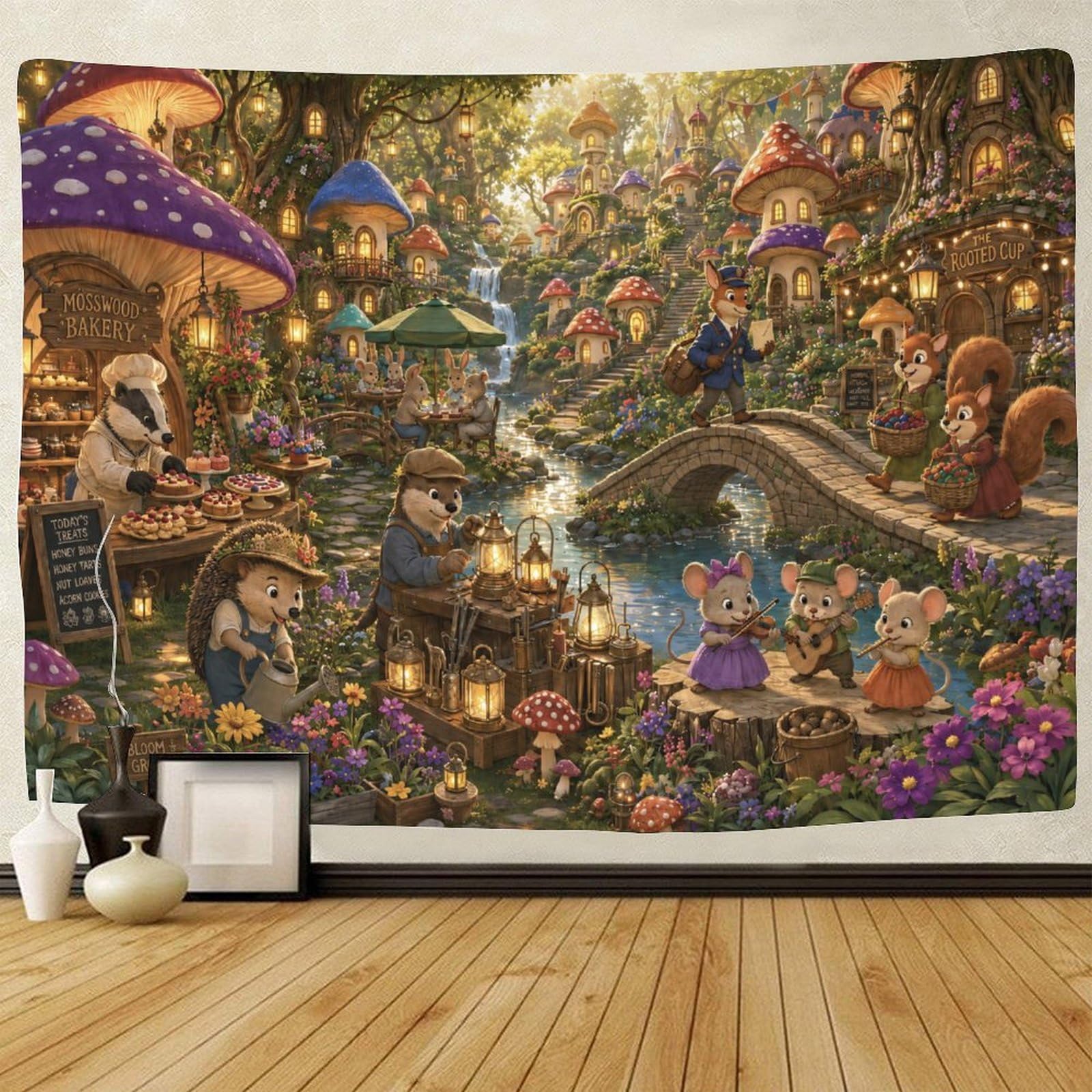 GPMNBCXZK Mushroom Village Animals 3D Print Tapestry for Bedroom Wall Hanging Decor Tapestries Home Decoration Curtain Living Room College Dorm 130cmx150cm