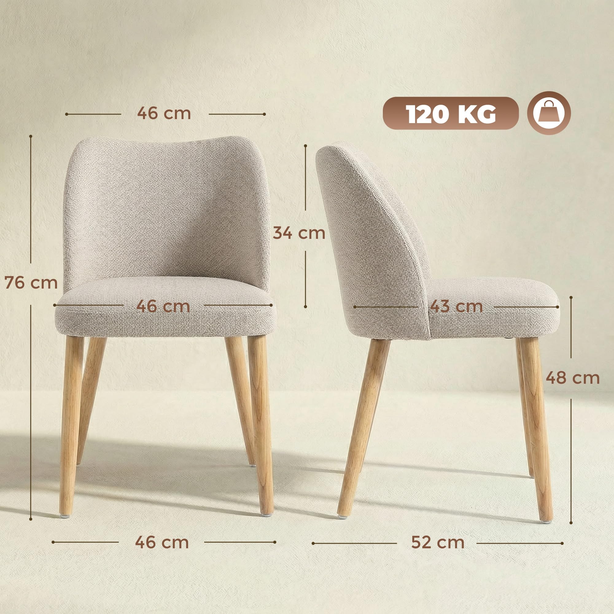 HOMCOM Set di 2 Sedie Sala da Pranzo in Tessuto Effetto Lino, Sedie Cucina Scandinave con Gambe in Legno di Caucciù, Schienale Curvo, Sedia Imbottita per Cucina, Camera da Letto, Soggiorno, Crema