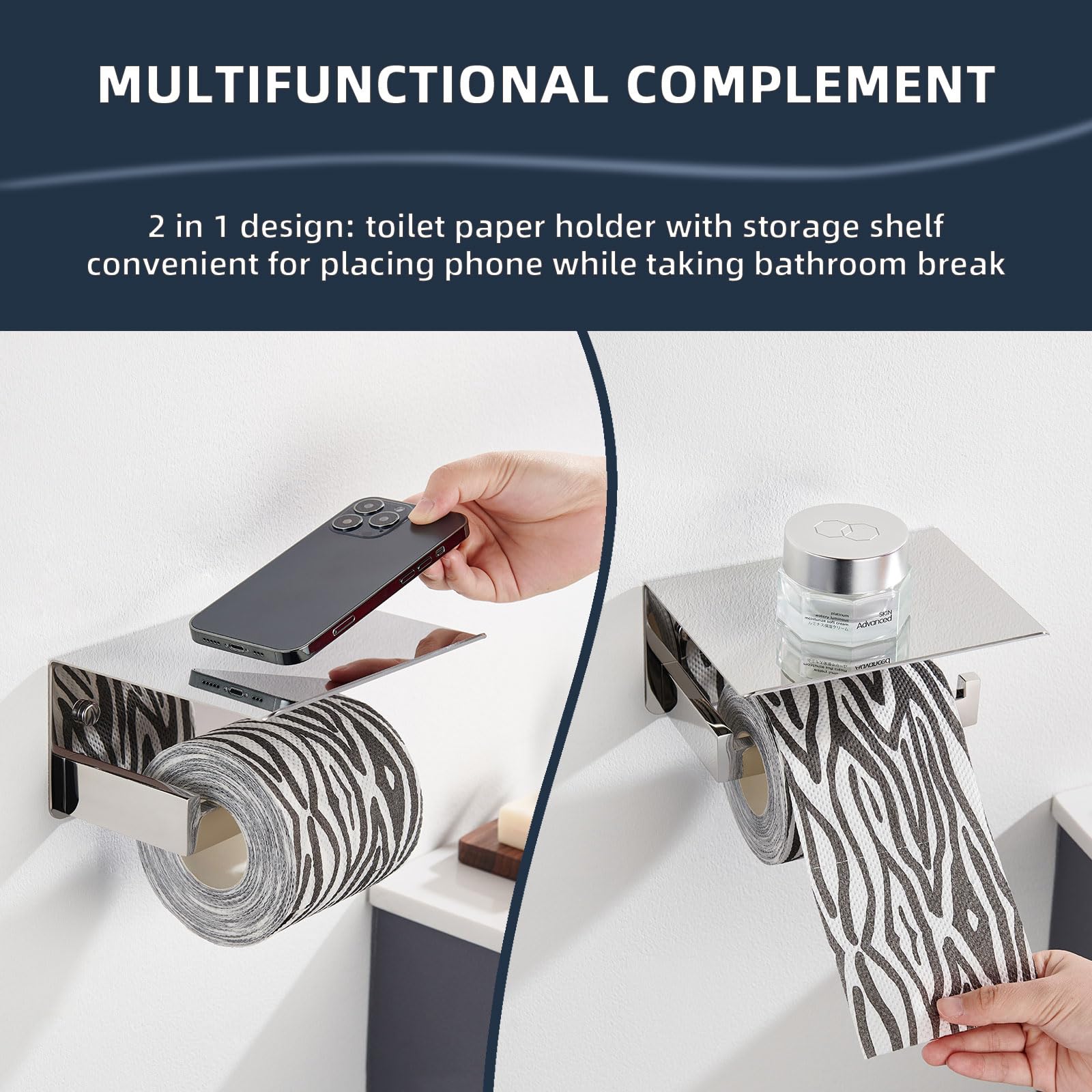 Angle Simple Portarrollos de papel higiénico con estante, acero inoxidable 304, para pared, cromo pulido