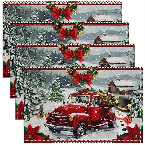 Juego de 4 manteles individuales temáticos navideños de 12 x 18 pulgadas, diseño de camión rojo, muñeco de nieve, pino, tapete de cocina para mesa