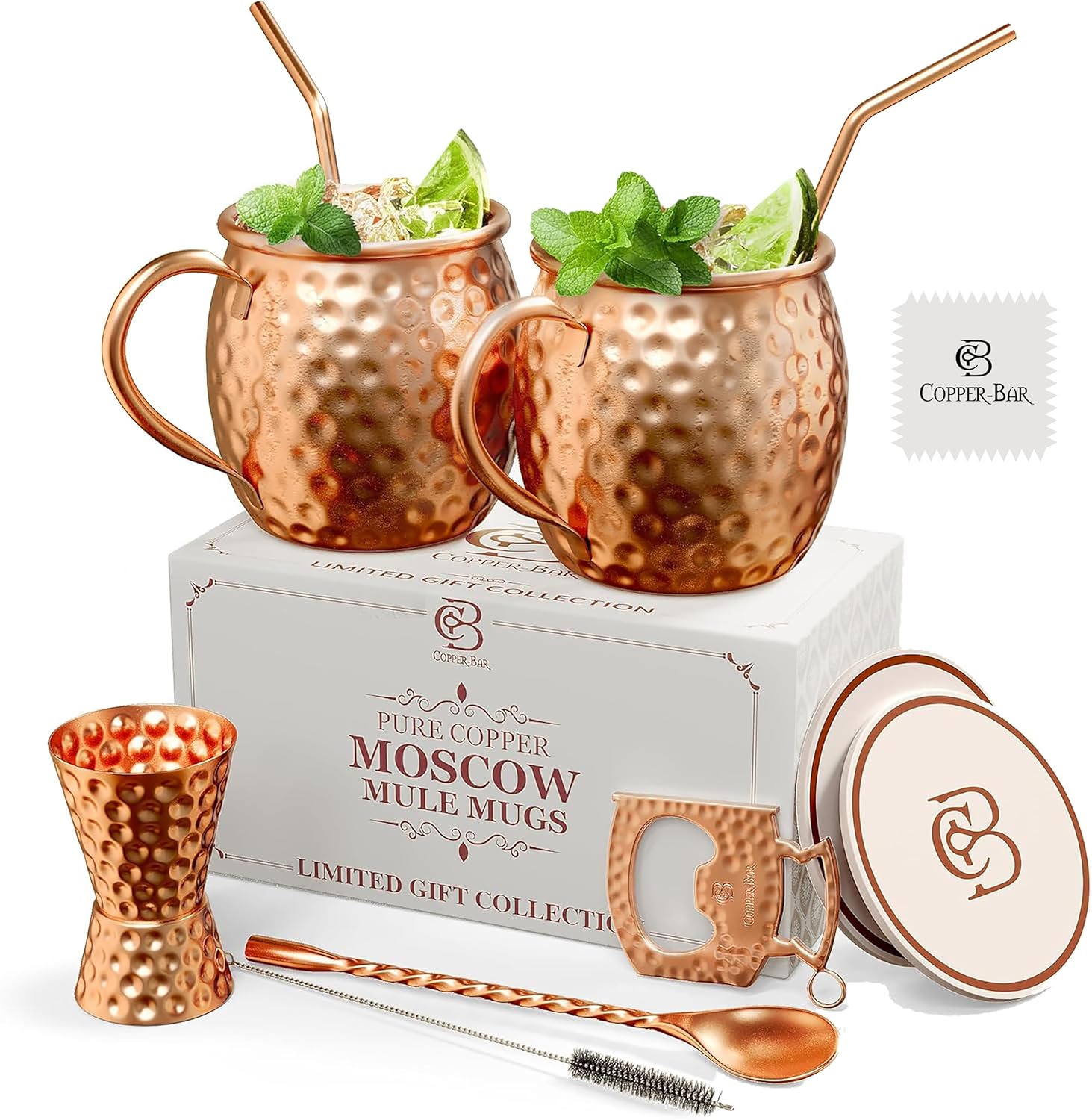 Moscow Mule Copper Mugs - Unique HANDCREFTED Gift Set of 2, Hammered by Artisan, 100% Pure Solid Copper Cups 16oz for Drinking Water & Cocktails, Include 18 Pcs accessories & Special Opener Set of 2 (White) 100% Pure Copper