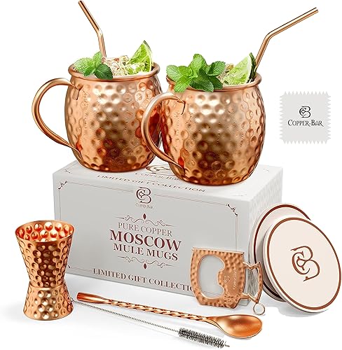 Moscow Mule - Tazas de cobre – Juego de regalo único hecho a mano de 2, martillado por artesano, tazas de cobre sólido 100% puro de 16 onzas para