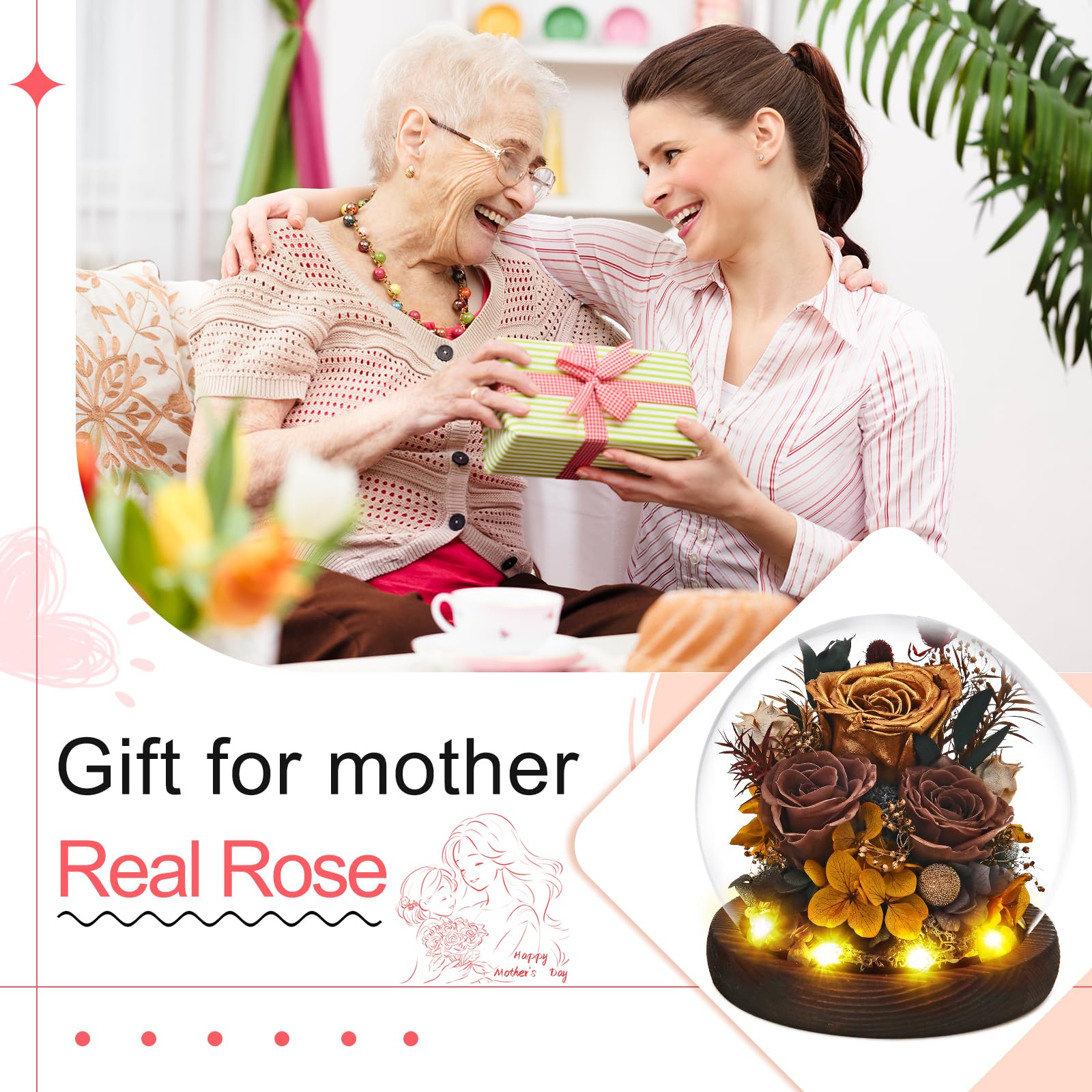 FRYMSHE Regali per donne, mogli, mamme, nonne, fiori conservati per San Valentino, festa della mamma, anniversario, matrimonio, Natale, Ringraziamento, regali per amici, sorella, fidanzata, con luce