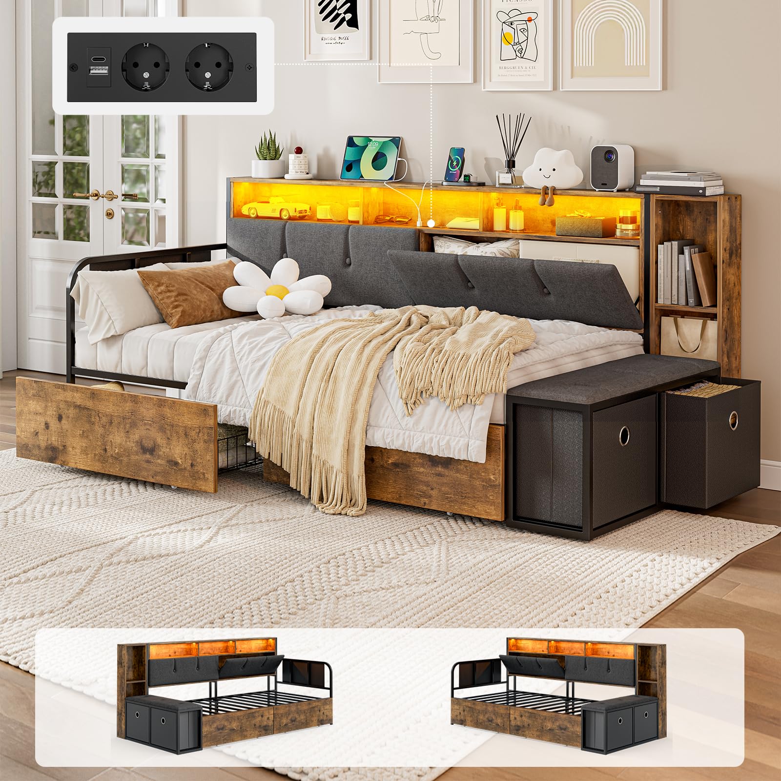 IKIFLY Multifunktionales Jugendbett 90x200 mit verstecktem Kopfteil-Stauraum, LED-Beleuchtung und Ladestation, Schlafsofa Tagesbett mit Lattenrost aus Metall und 4 Schubladen, Fußbank (Dunkelgrau)