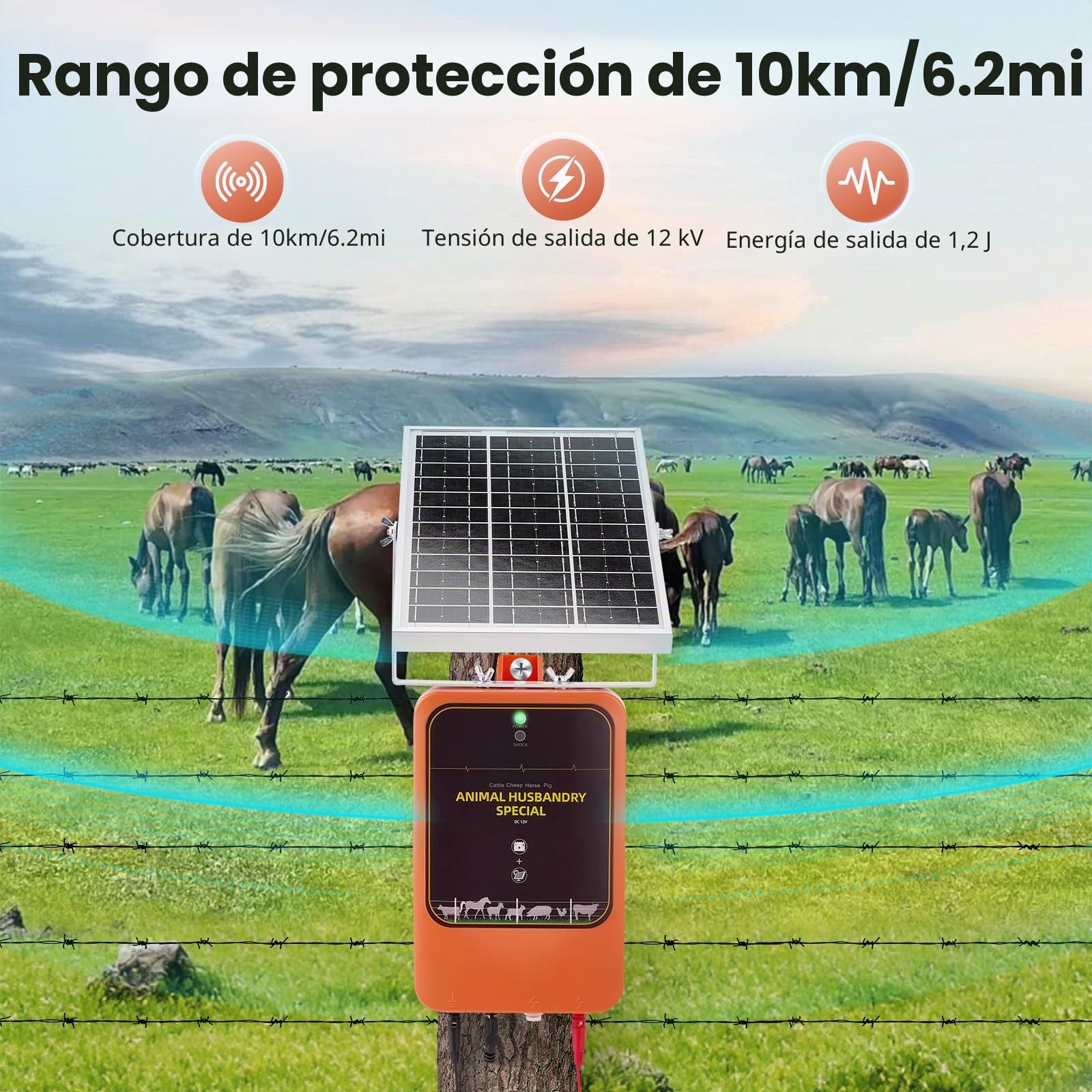 Electrificador de Cerca Solar 10km, 1.2J 12kV Cargador de Cerca Recargable con Panel Solar & Adaptador AC, IP65 Impermeable para Ganado, Granja, Pastizal, Aves de Corral