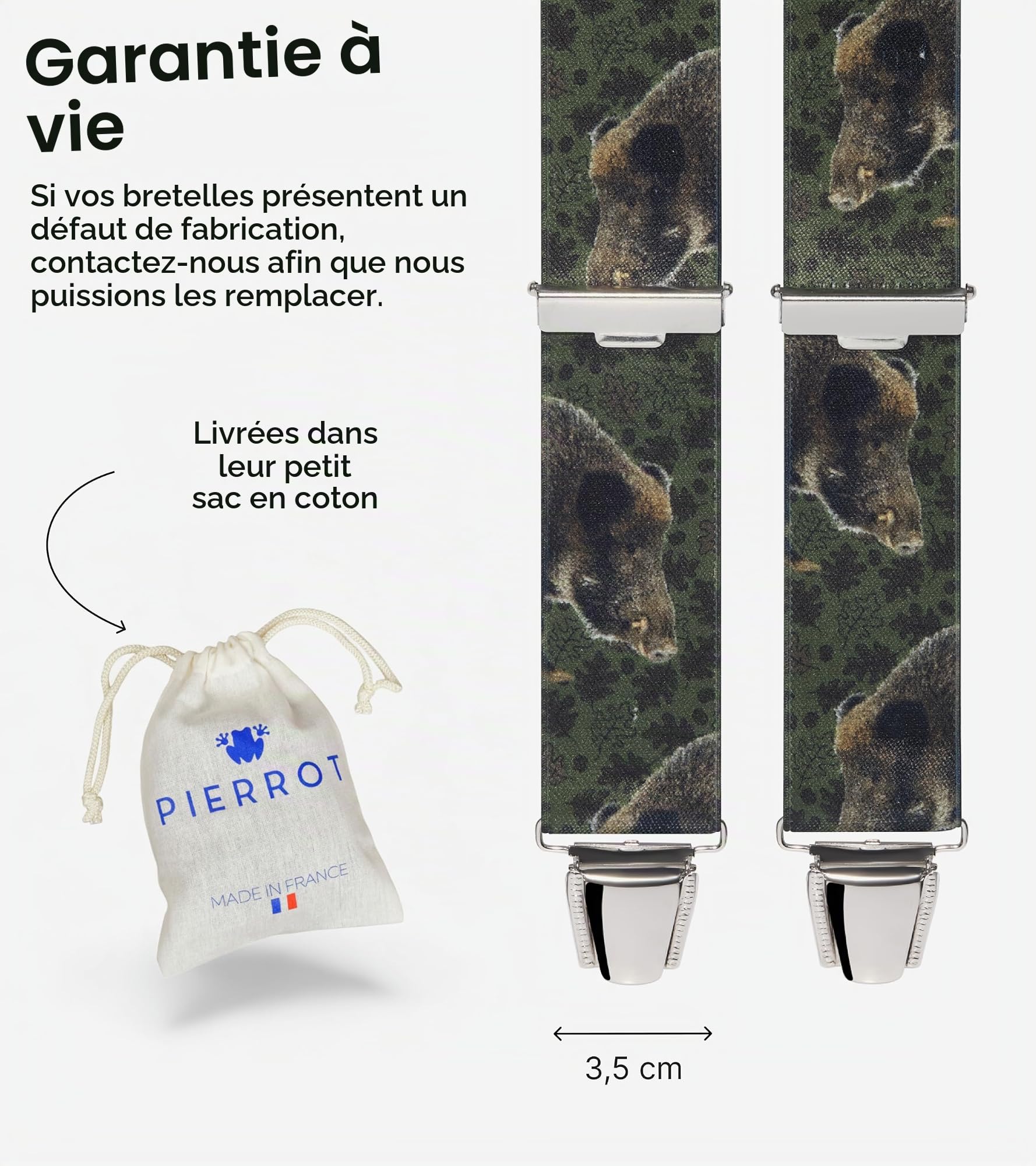 PIERROT Bretelles Homme Larges Made in France - Elastique Ultra Résistant & 4 Clips Extra Fort en X - Taille Ajustable Jusqu’à 130cm - Garantie à Vie - Fabrication Artisanale