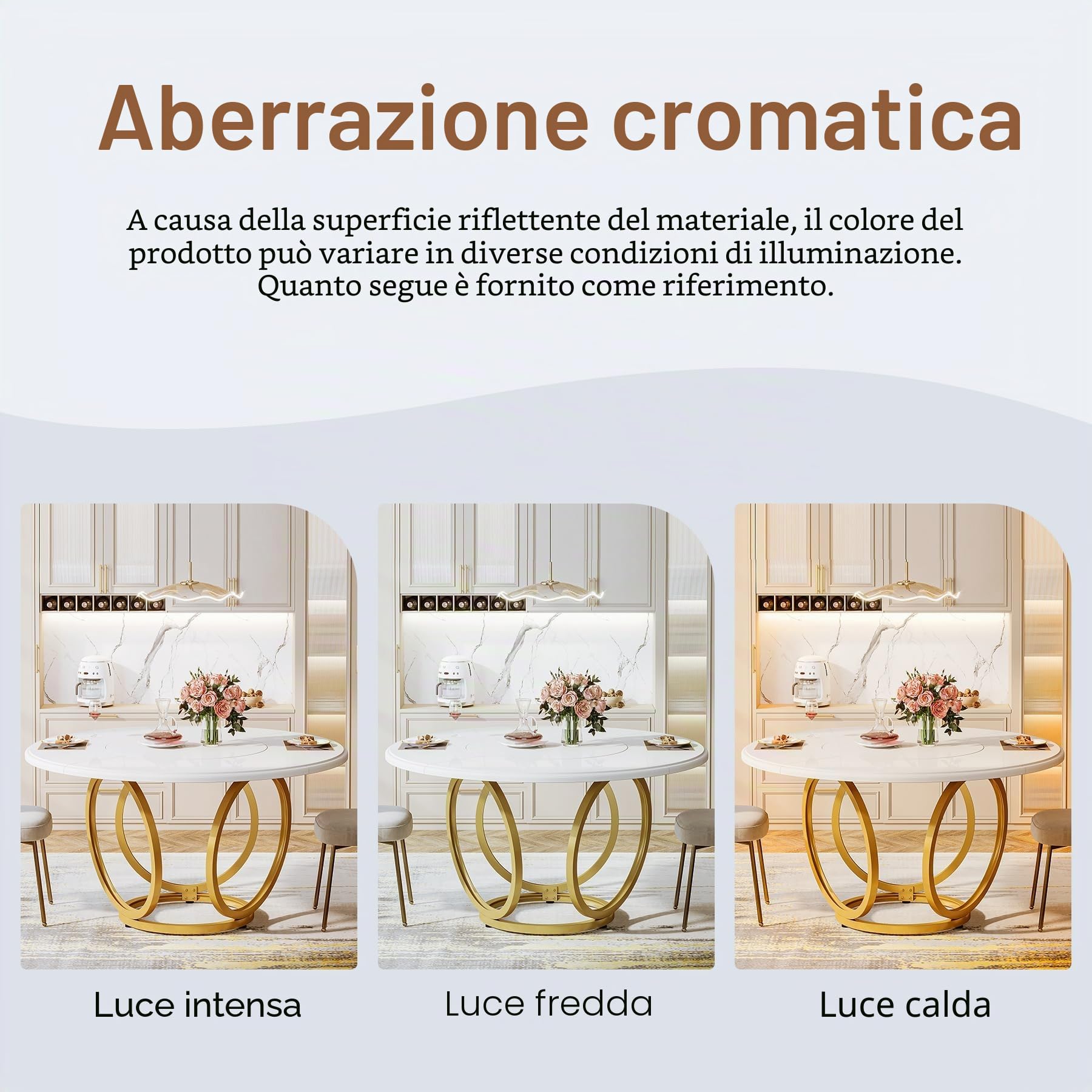 Tribesigns Tavolo da pranzo rotondo per 4, tavolo da cucina bianco con base in metallo dorato, tavolo da pranzo in legno, tavolino da caffè per cucina, sala da pranzo, bar 120 * 120 cm, bianco e oro