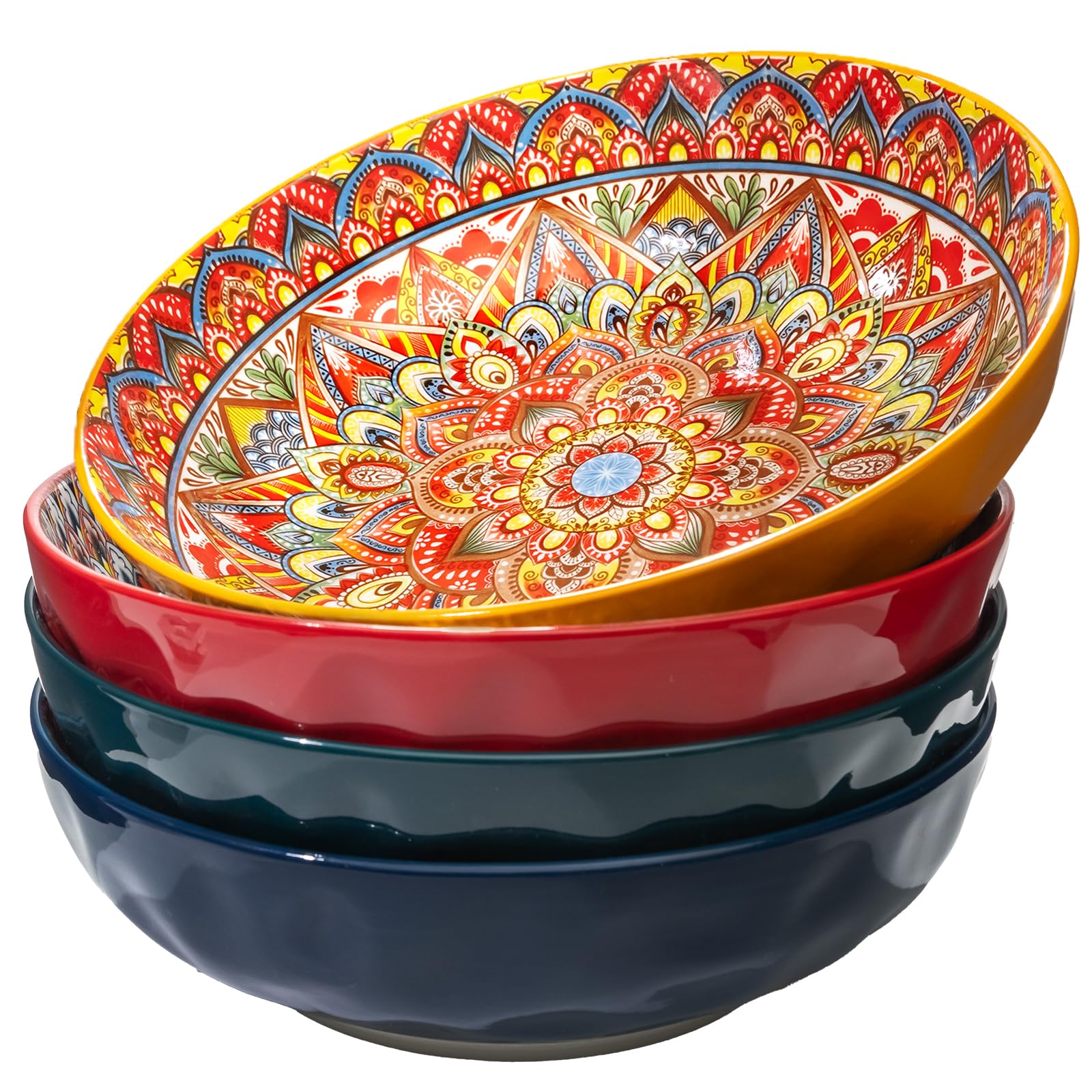 4 Pack Large Serving Bowls, 80 Oz Extra Large Salad Bowls Set of 4, Bohemian Decorative Bowls for Salad, Fruit, Pasta and Dinner, Serving Dishes Set