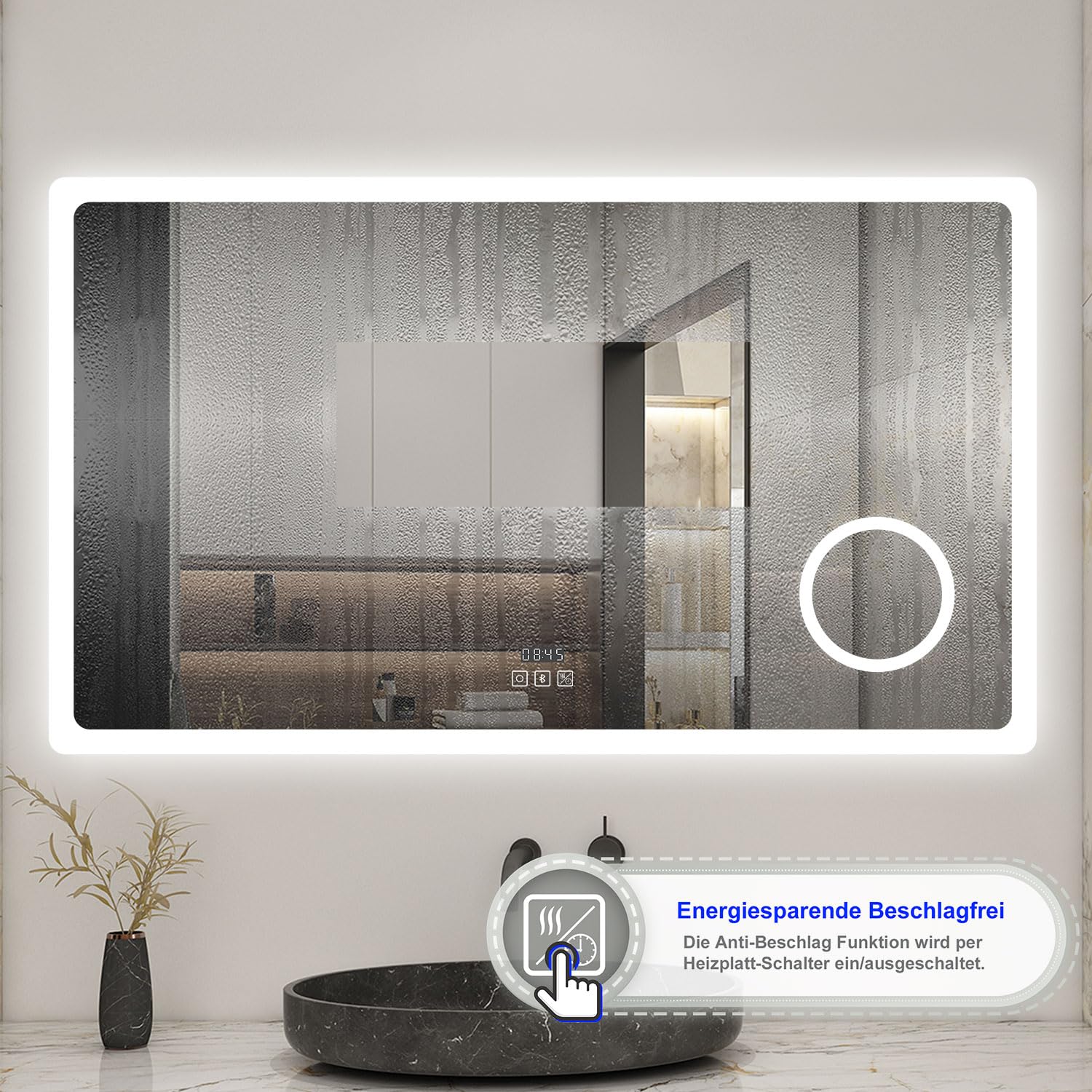 LED Wandspiegel 140x80cm Touchschalter Beschlagfrei Badspiegel mit Beleuchtung Bluetooth Uhr 3X Schminkspiegel 3 Lichtfarbe 3000-6500K Dimmbar IP44