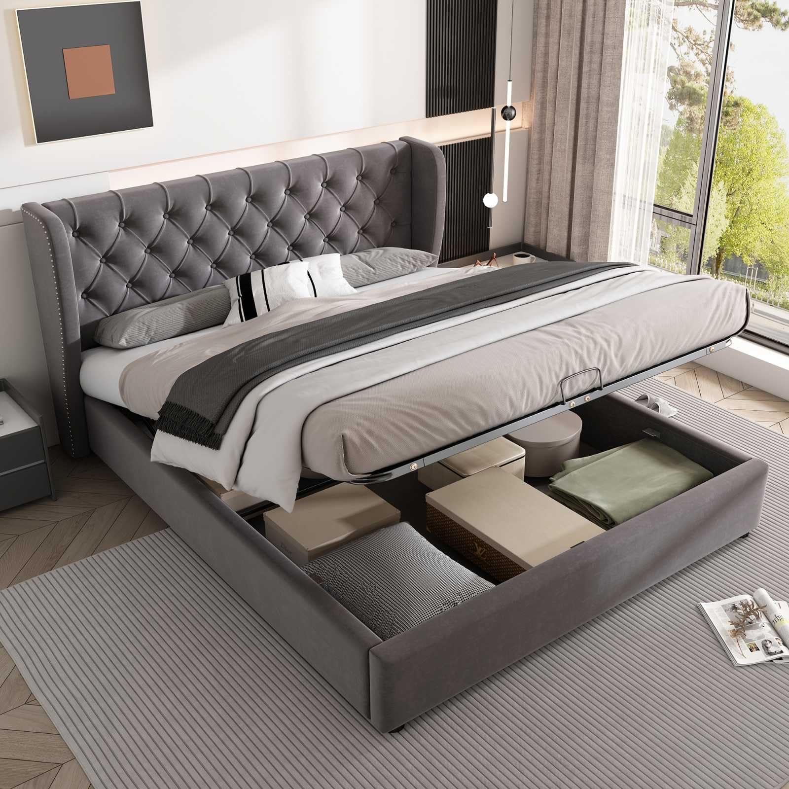 KOMHTOM Idraulico Letto Matrimoniale Imbottito con Armadio Sotto Letto, Telaio Letto con Testiera del Letto, Rete a Doghe in Legno, Grigio(senza materasso, 140 x 200 cm), 28379900AAG