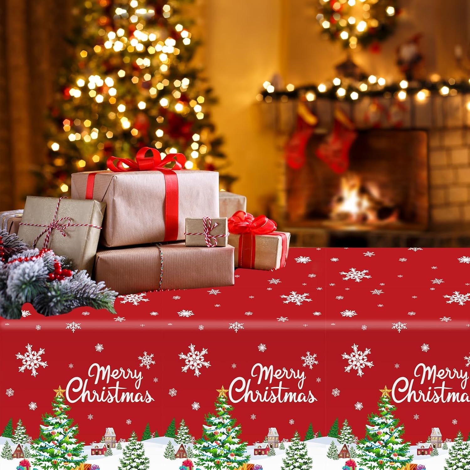 Tovaglia Natalizia Con Fiocchi Di Neve – 137 X 274 Cm, Rossa, In Plastica Resistente