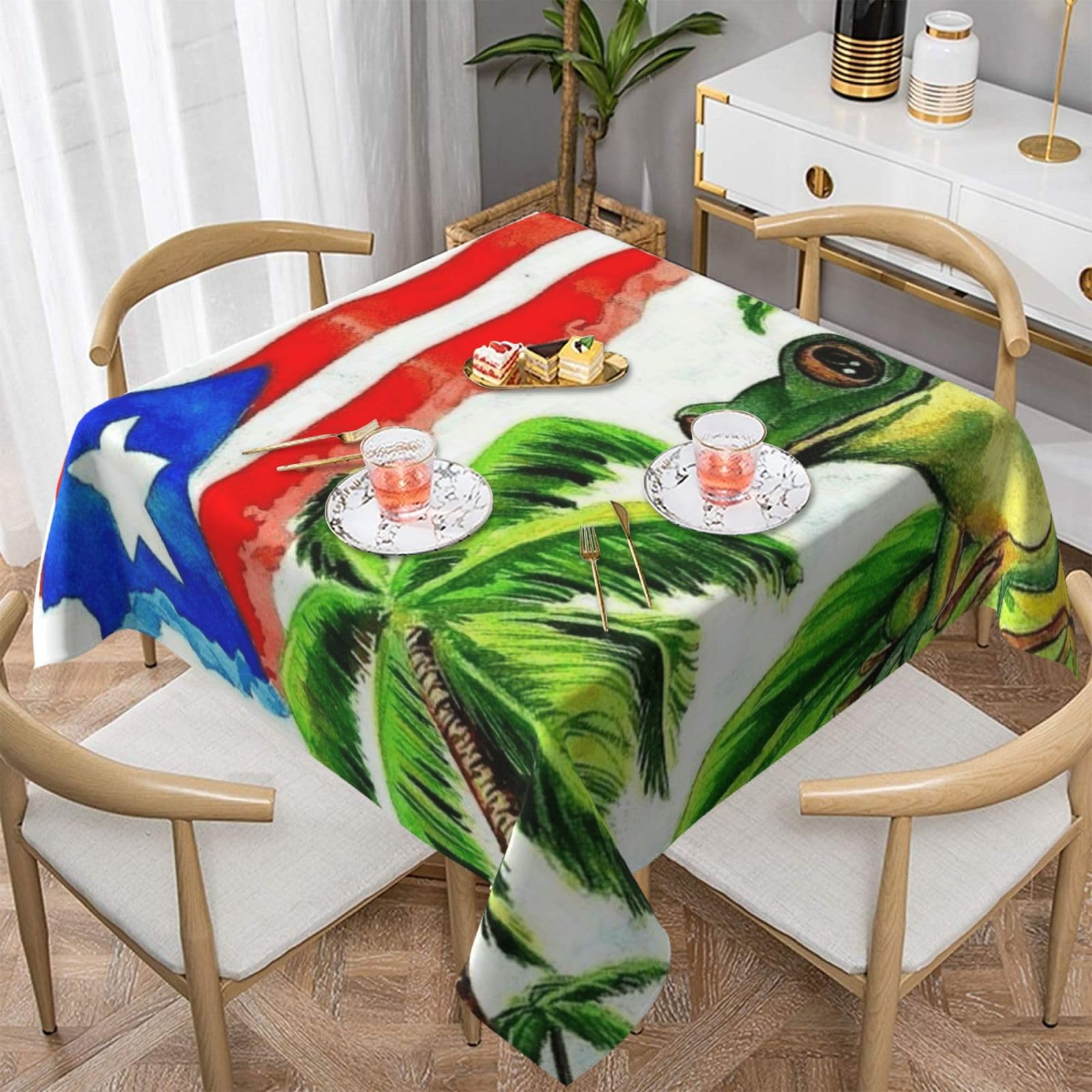 DCEHGEW Puerto Rico Flag Frog Palm Trees Prints Square Tablecloth 137x137 CM, Waterproof Fabric Table Cloth for Dining Table, Farmhouse Table Cover for Kitchen Dining Tabletop Decoration
