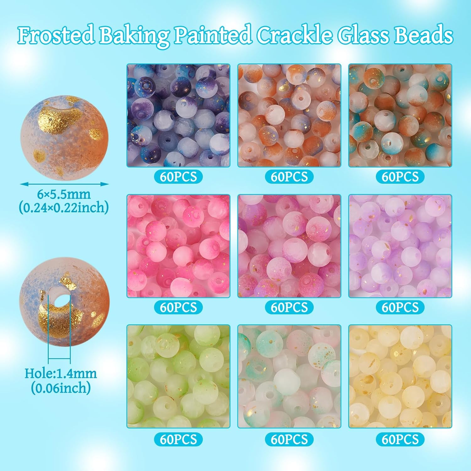 540 Pcs 6mm Frosted Glass Beads Bulk Crackle Sea Glass Beads with Glitter Powder Baking Painted Round Crystal Bead for Jewelry Making Bracelet Necklace Earring Crafts Accessories - Image 7