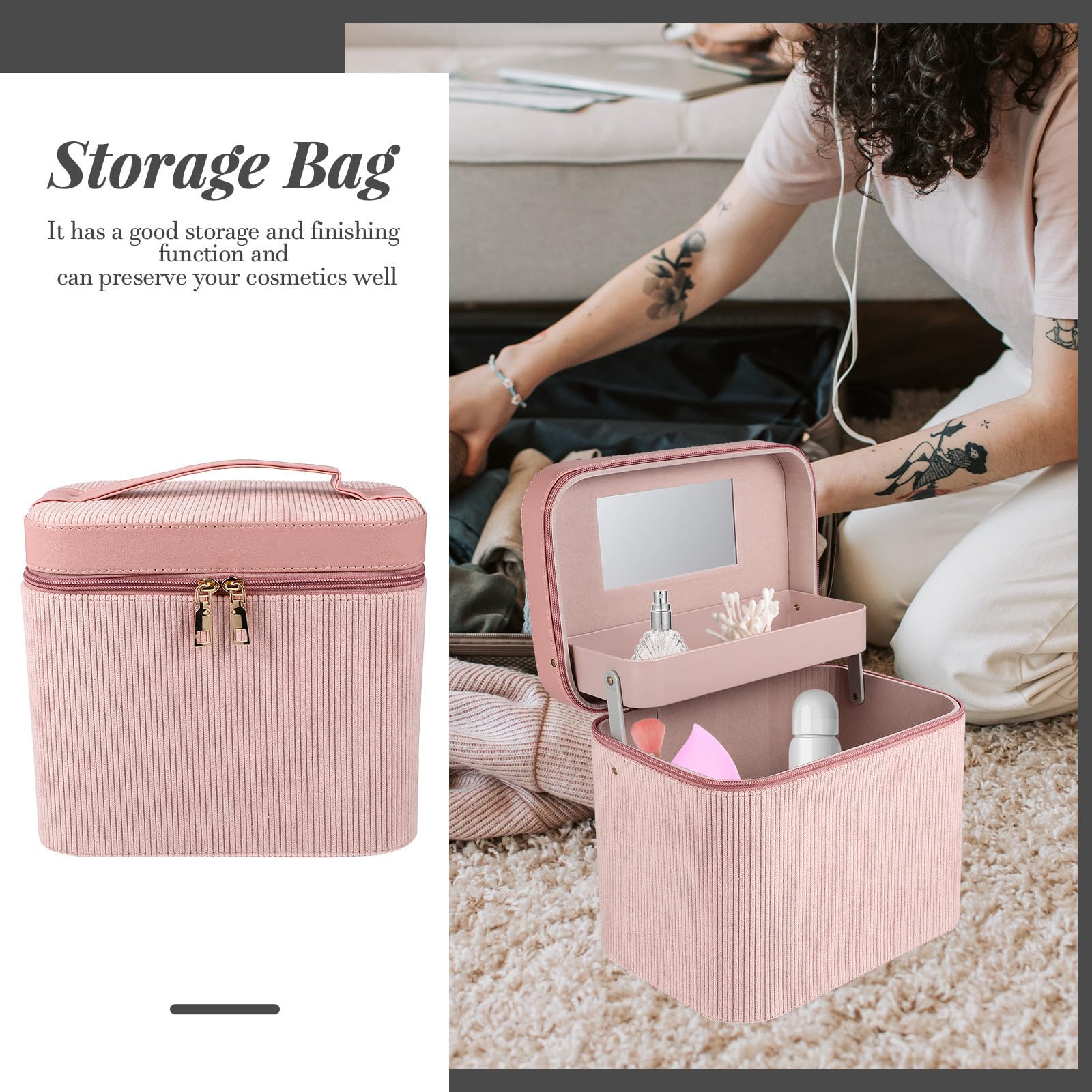 Hemobllo Kosmetiktasche mit Spiegel aus Cordstoff Doppellagige für Frauen Kreative Make Up Aufbewahrungstasche für und Persönlichen Gebrauch